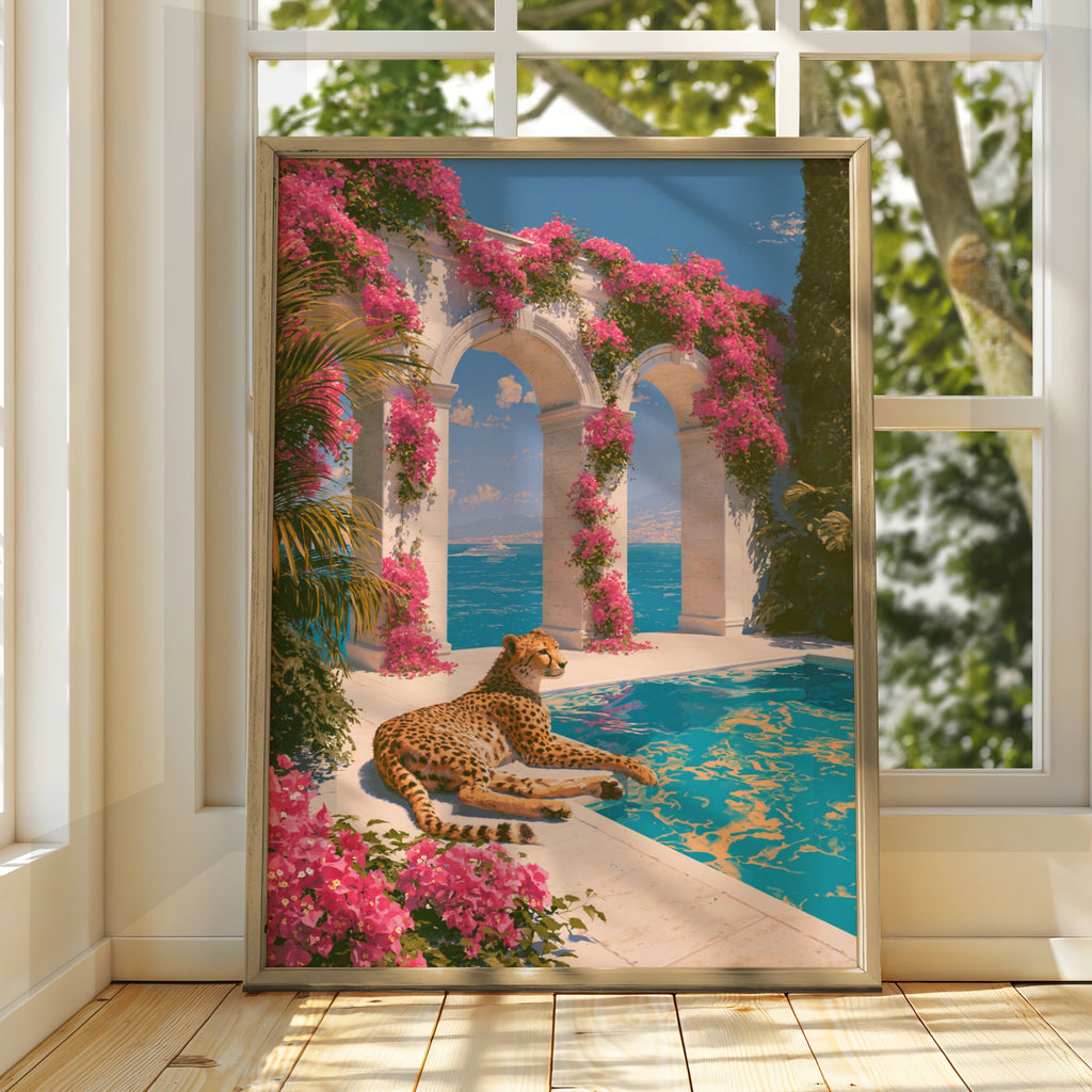 Cheetah Poolside Bougainvillea Arches Poster, Mediterranean Wall Art Print