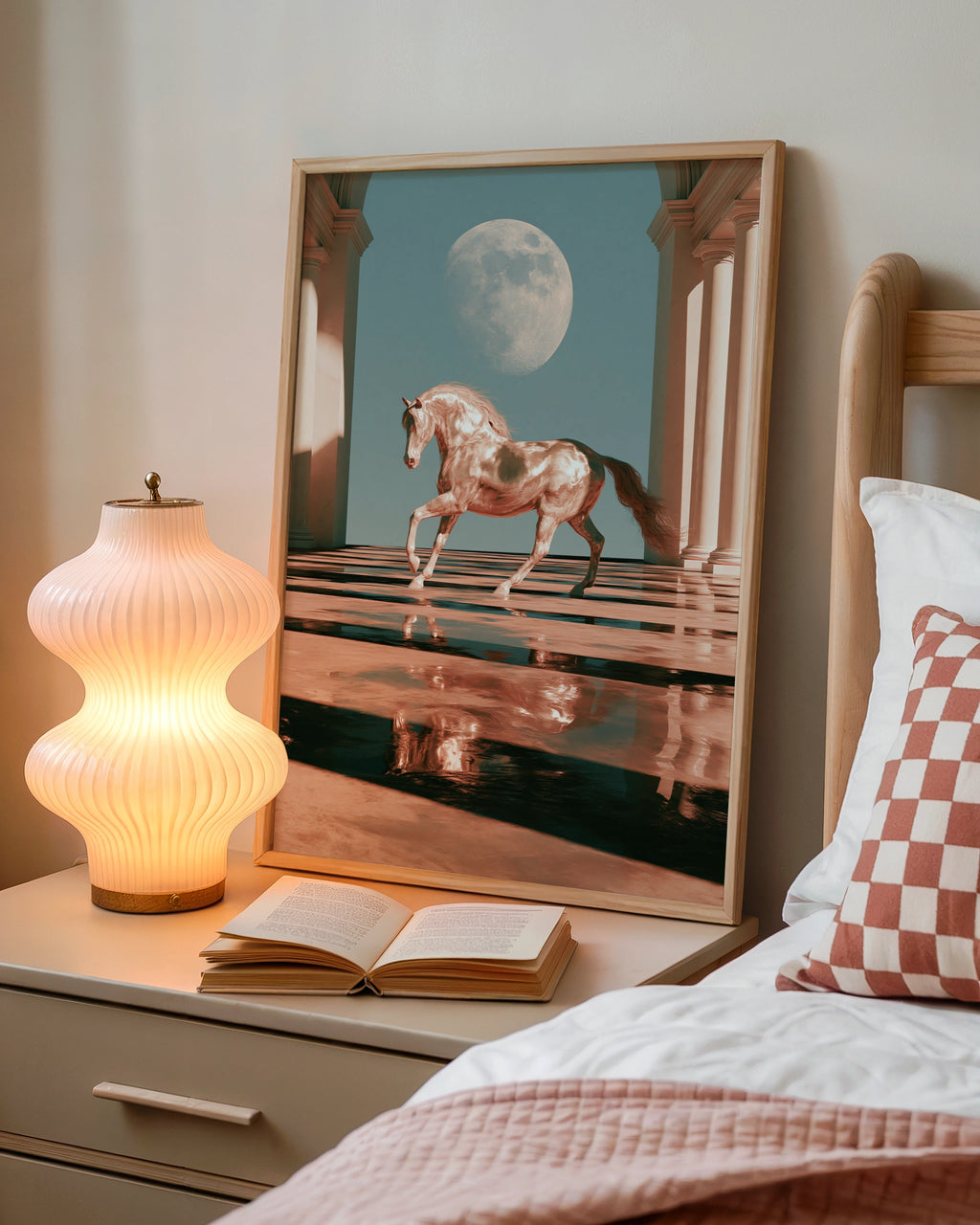 Horse Moon Hall Water Reflection Poster, Surreal Equine Art Print