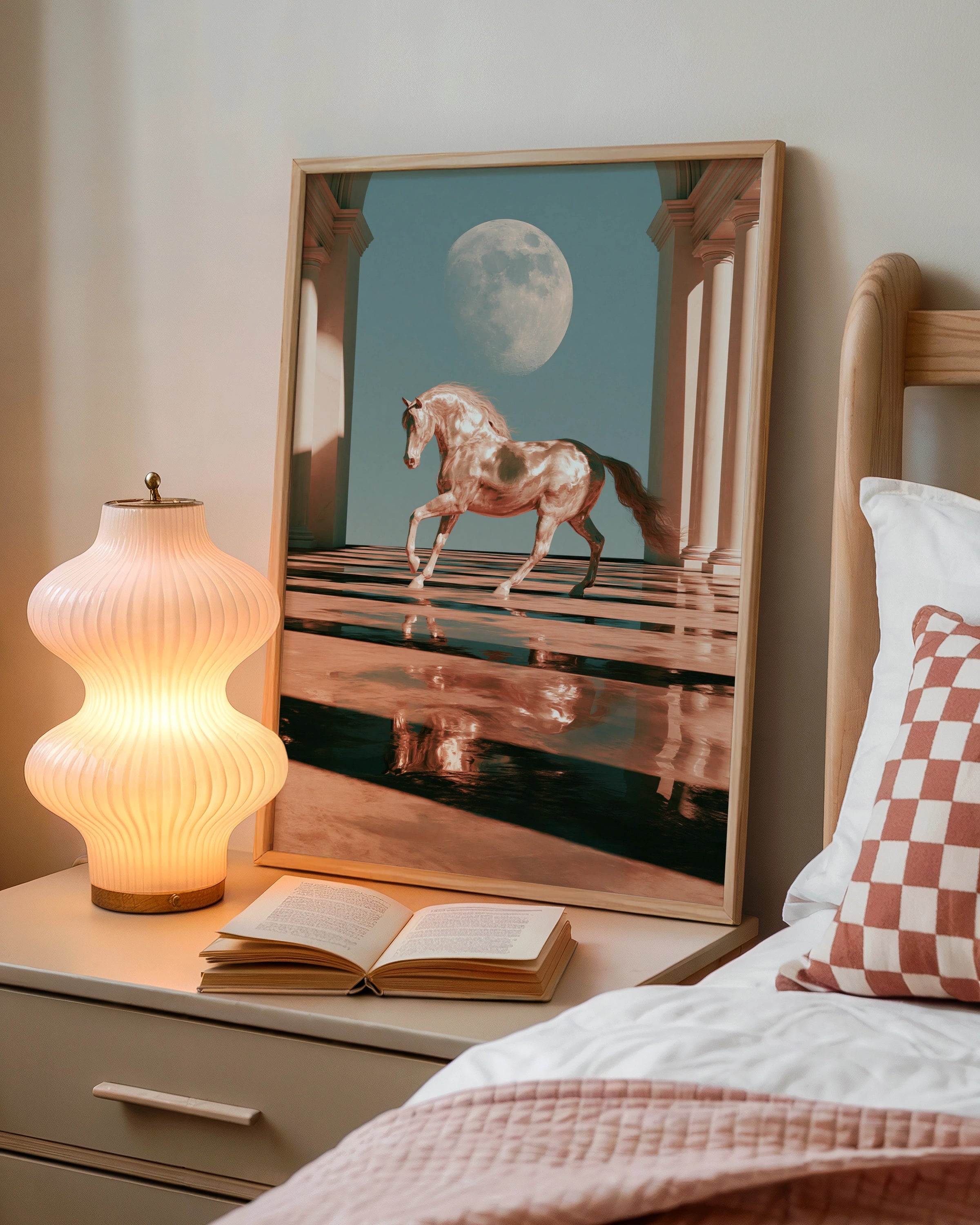 Horse Moon Hall Water Reflection Poster, Surreal Equine Art Print