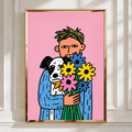 Man Dog Flowers Poster, Bold Illustration, Colourful Pink Wall Art Print