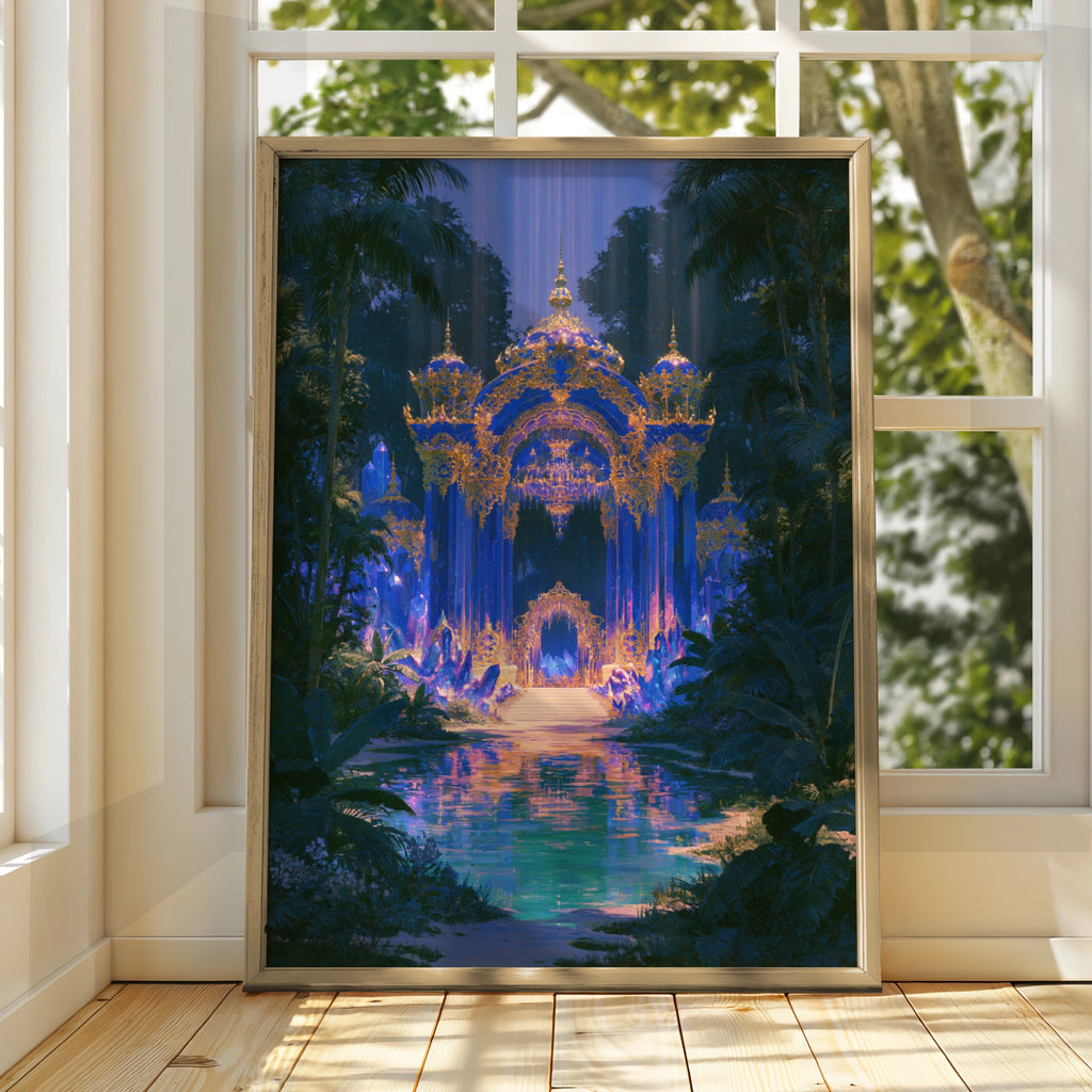 Sapphire Palace Fantasy Art Poster, Crystal Palace, Blue Gold Jungle Print