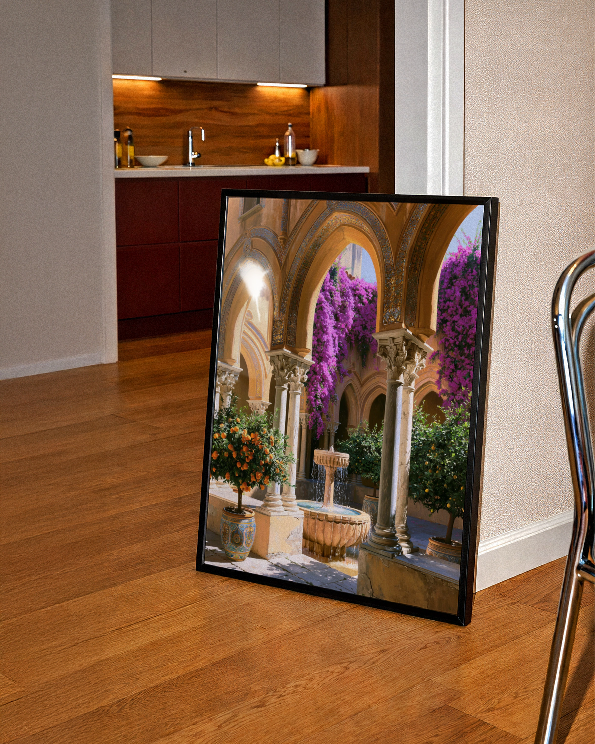 Sicilian Courtyard Mosaic Poster, Mediterranean Fountain Wall Art Print