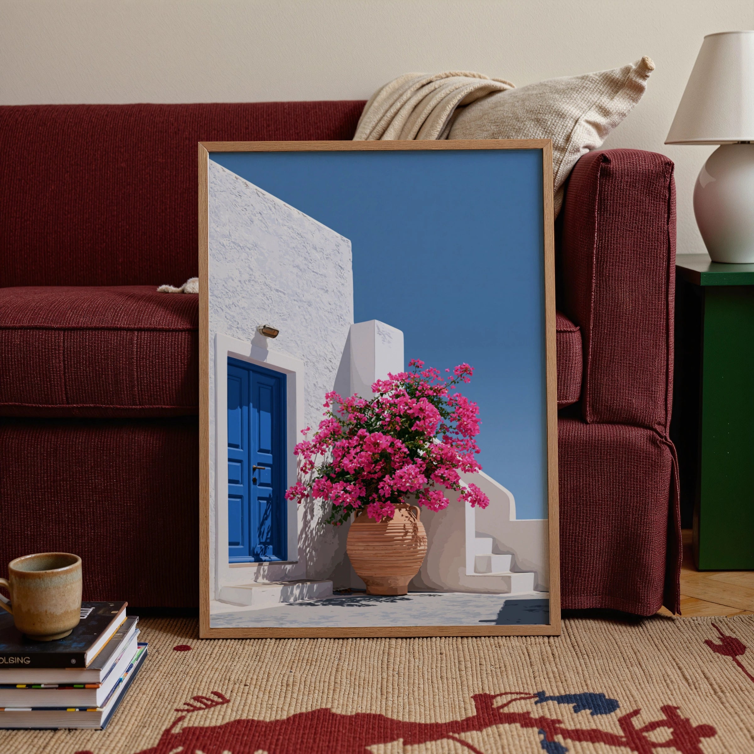 Greek Courtyard Bougainvillea Poster, Blue Door White Wall, Mediterranean Art Print