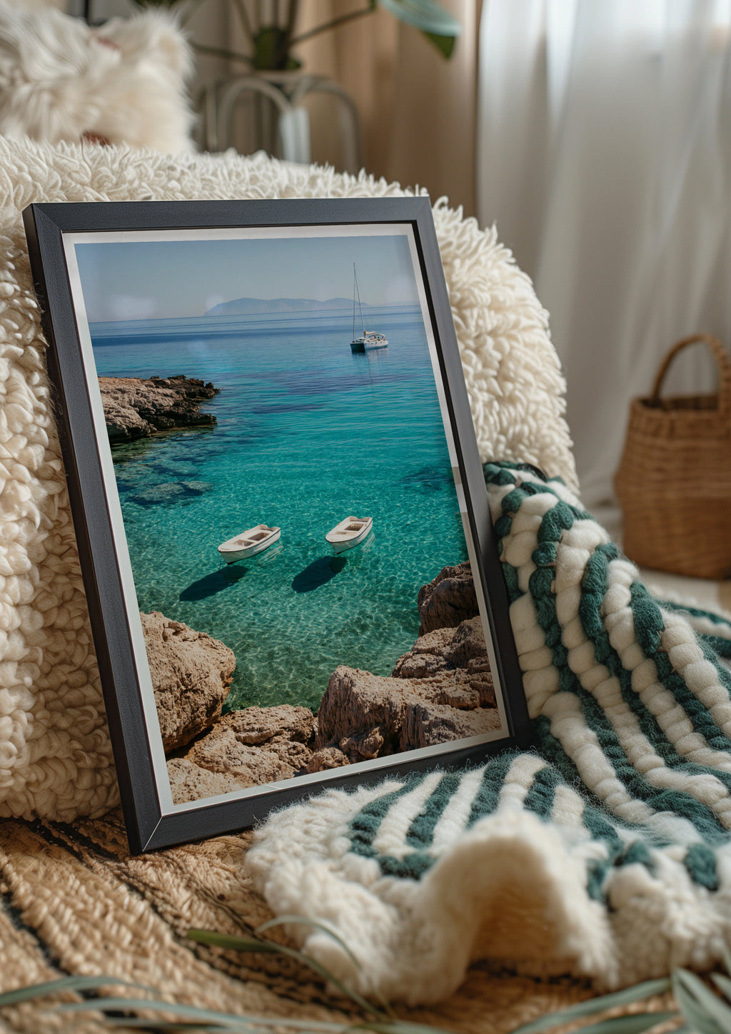 Boats on Crystal Clear Sea, Wall Art Poster, Mediterranean Coastal Print