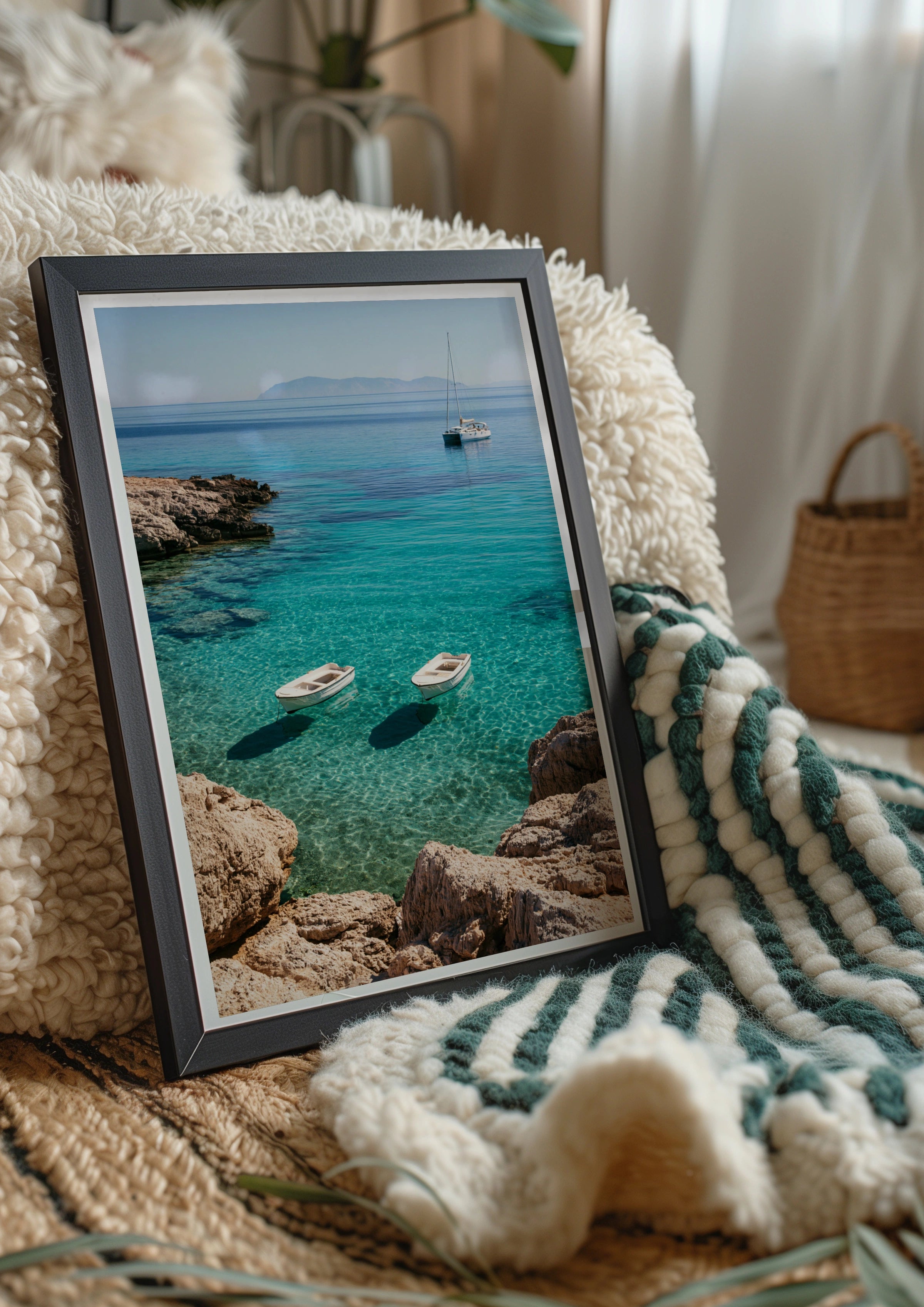Boats on Crystal Clear Sea, Wall Art Poster, Mediterranean Coastal Print