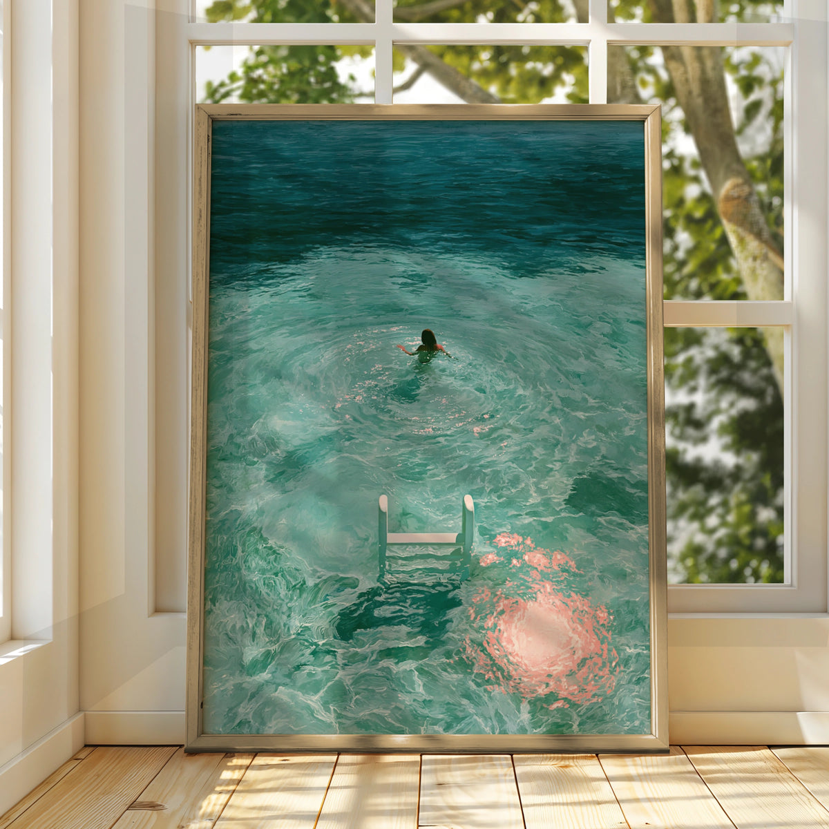 Woman Swimming in Turquoise Sea, Ladder Moon Poster, Dreamy Figurative Art