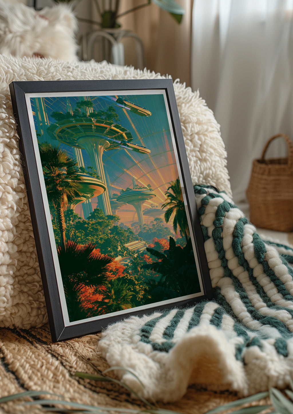 Futuristic City Green Dome Poster, Sci-Fi Jungle Architecture Print, Retro Futurism