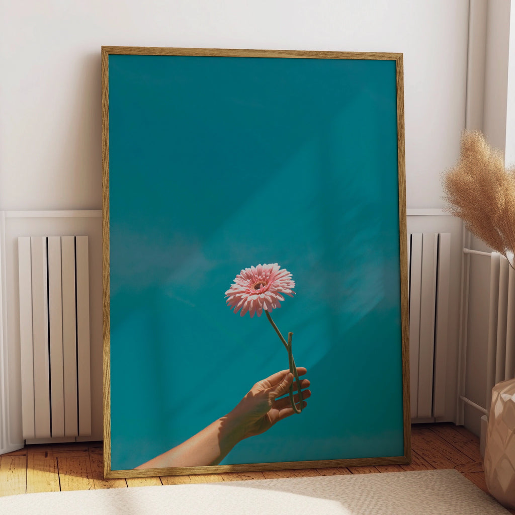 Pink Flower Hand Sky Poster, Gerbera Daisy Print, Teal Blue Botanical Wall Art