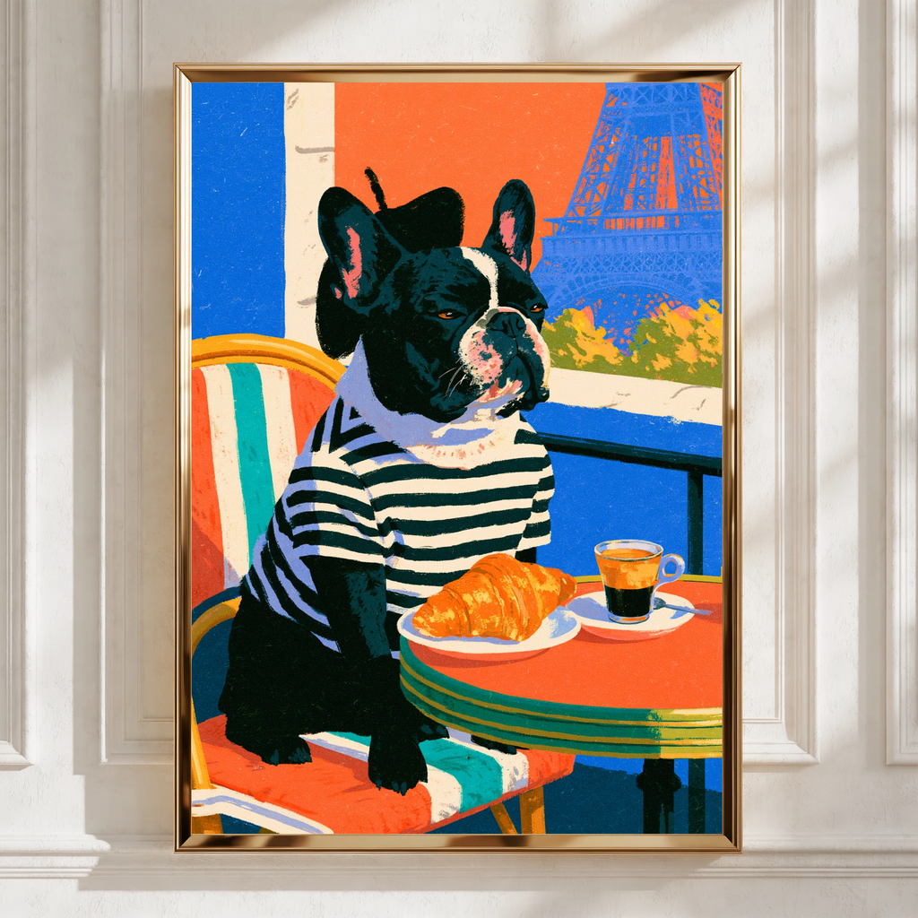 French Bulldog Paris Cafe Wall Art Poster, Eiffel Tower, Bold Colourful Print