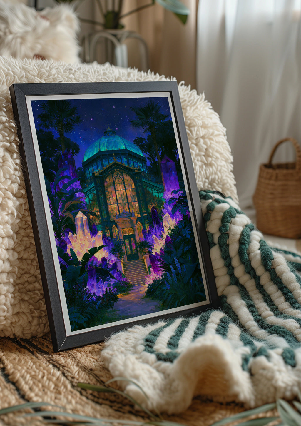 Crystal Greenhouse Surreal Night Poster, Botanical Glasshouse Art Print, Fantasy