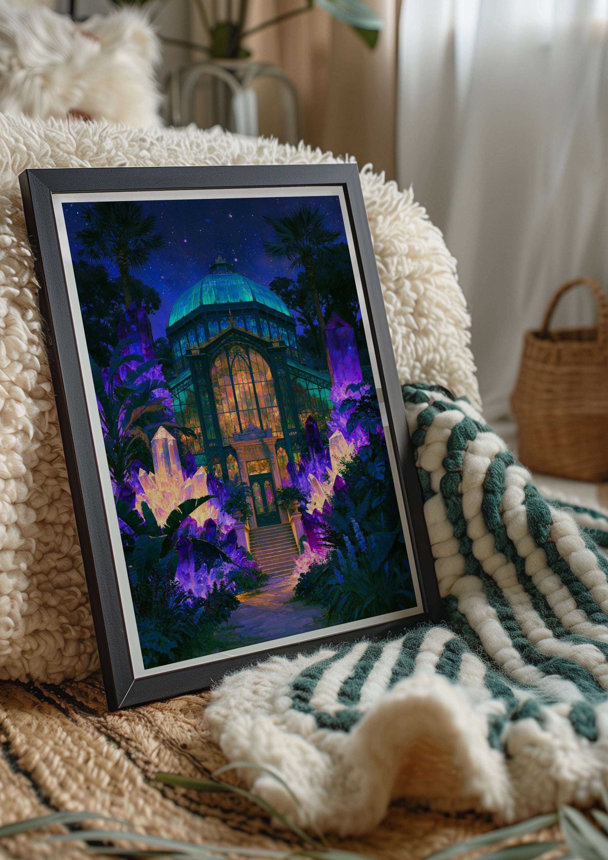 Crystal Greenhouse Surreal Night Poster, Botanical Glasshouse Art Print, Fantasy