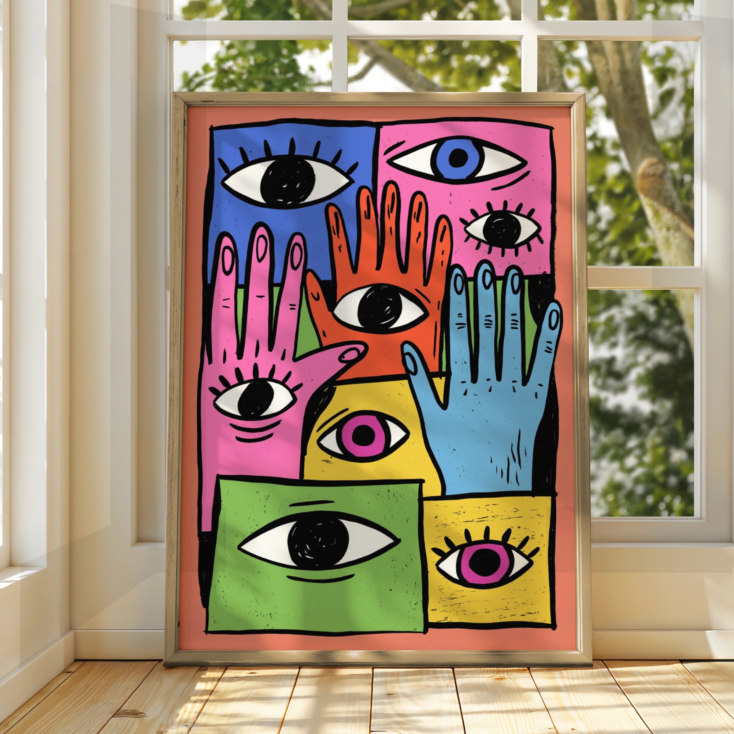Hands and Eyes Wall Art Poster, Bold Colourful Maximalist Print