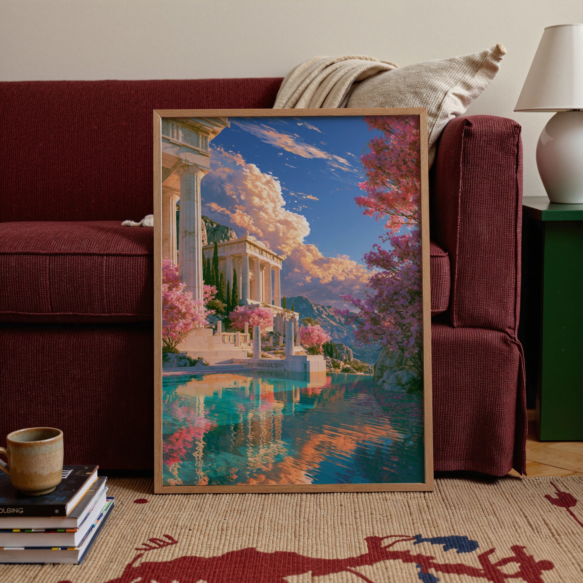 Greek Temple Acropolis Poster, Ancient Greece Wall Art, Colourful Fantasy Print