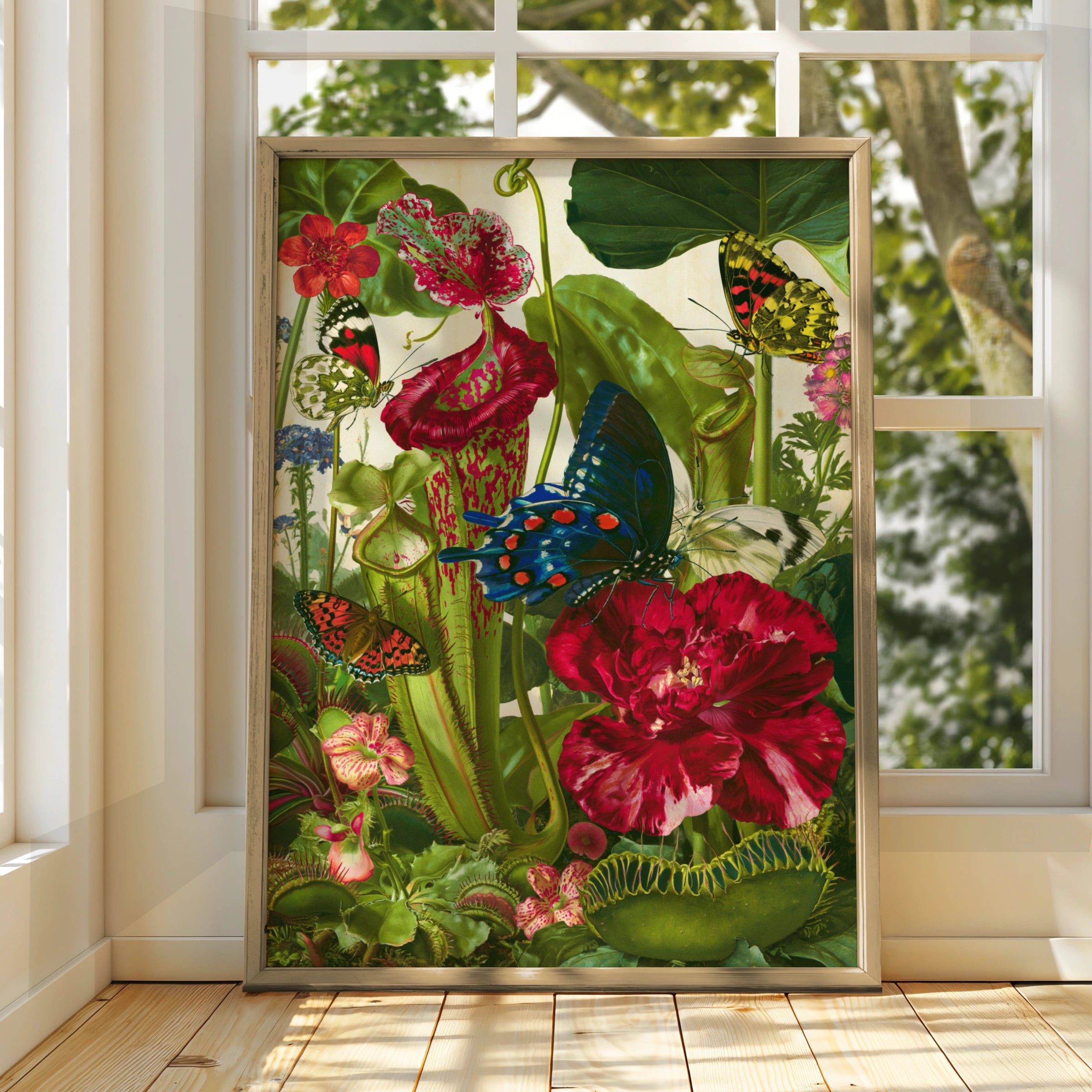 Carnivorous Plants Butterflies Botanical Poster, Vintage Nature Wall Art Print
