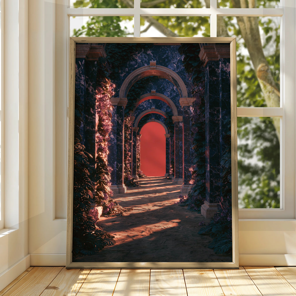 Blue Marble Arches Red Glow Poster, Classical Architecture Art Print