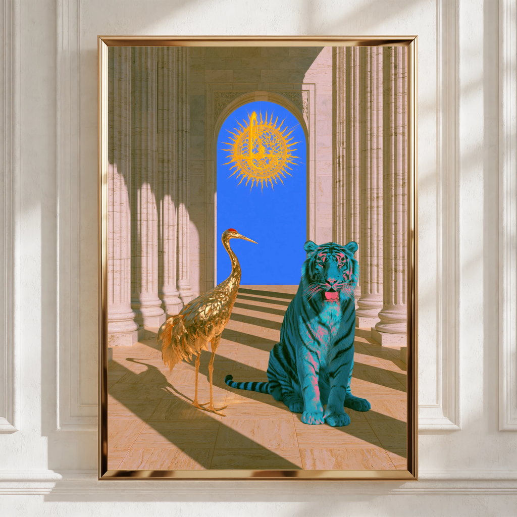 Blue Tiger Gold Crane Temple Poster, Surreal Animal Wall Art, Bold Maximalist Print