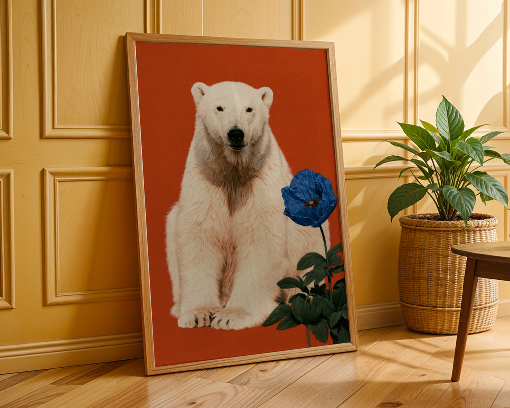 Polar Bear Blue Flower Poster, Bold Orange Wildlife Wall Art Print