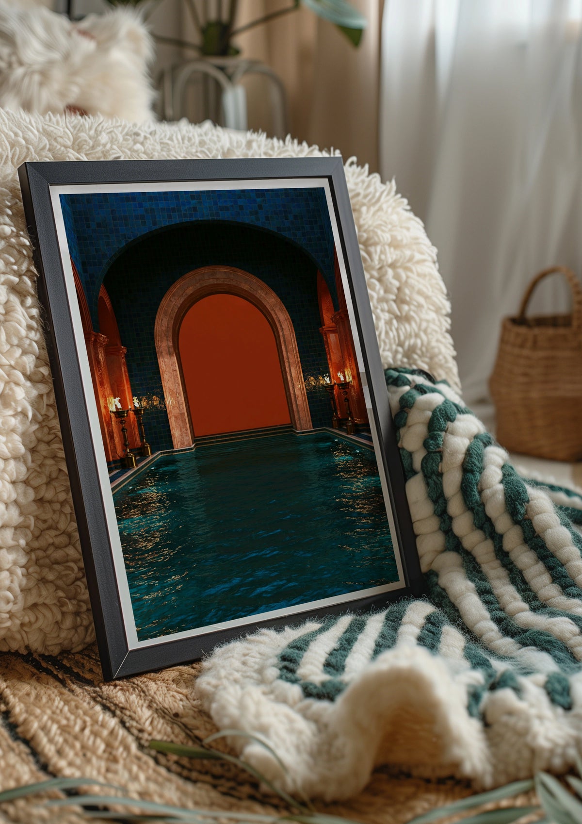 Roman Frigidarium Pool Print, Ancient Bathhouse Poster, Orange Flames Art