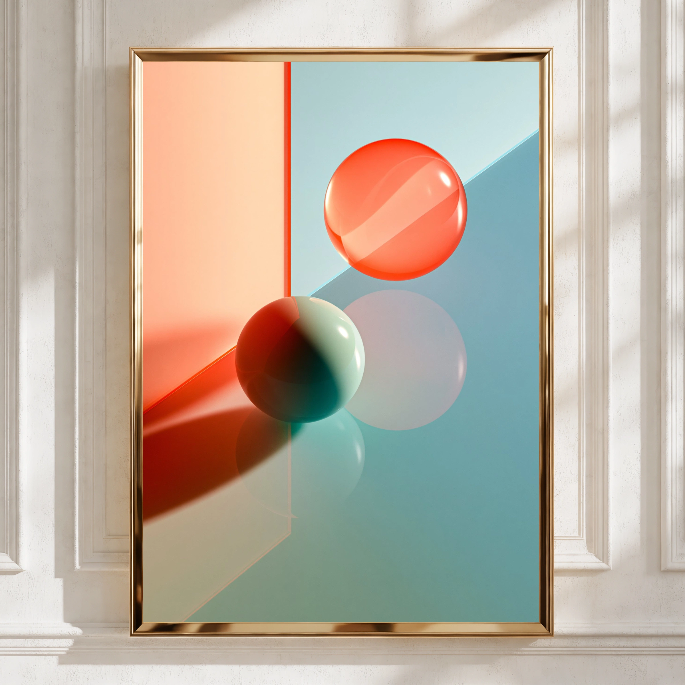 Abstract 3D Shapes Poster, Coral Teal Geometric Spheres, Modern Wall Art Print