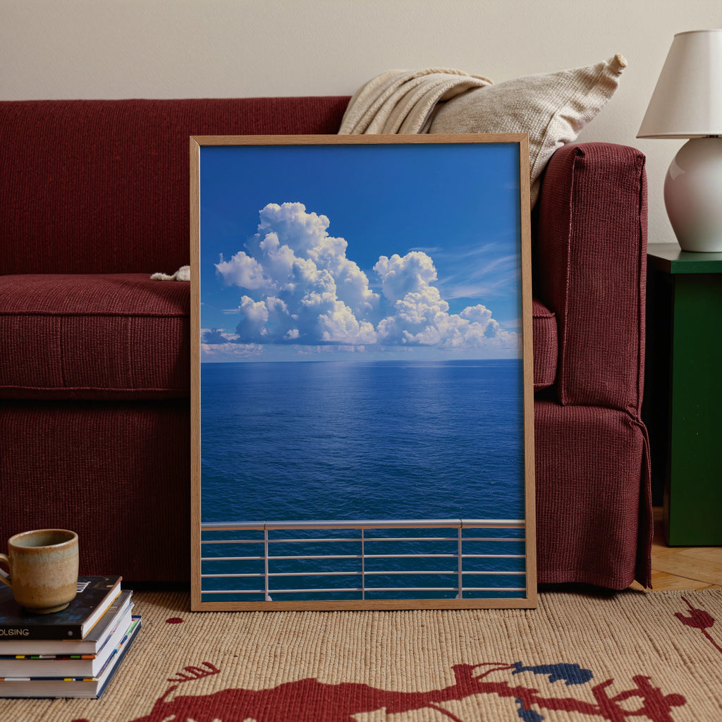 Cruise Ship Deck Ocean View Poster, Blue Sea Sky Clouds, Nautical Wall Art