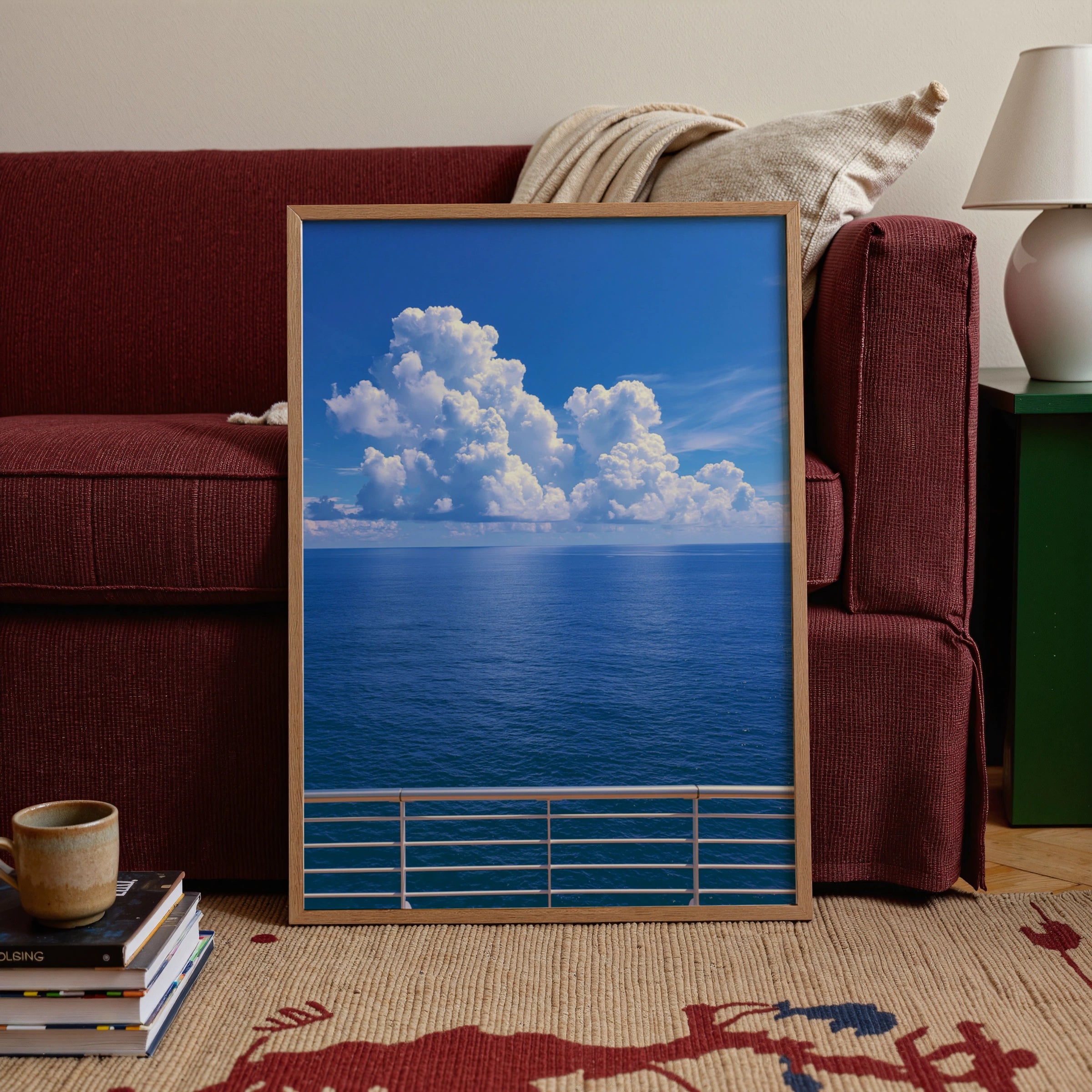 Cruise Ship Deck Ocean View Poster, Blue Sea Sky Clouds, Nautical Wall Art