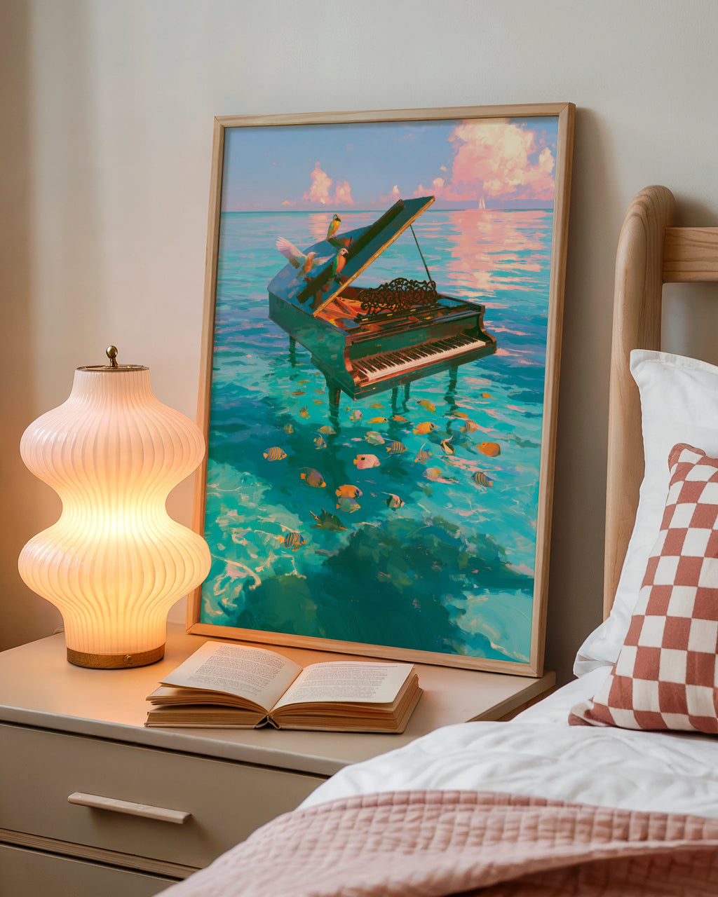 Piano in the Ocean Poster, Tropical Fish Birds Sea Art Print, Surreal