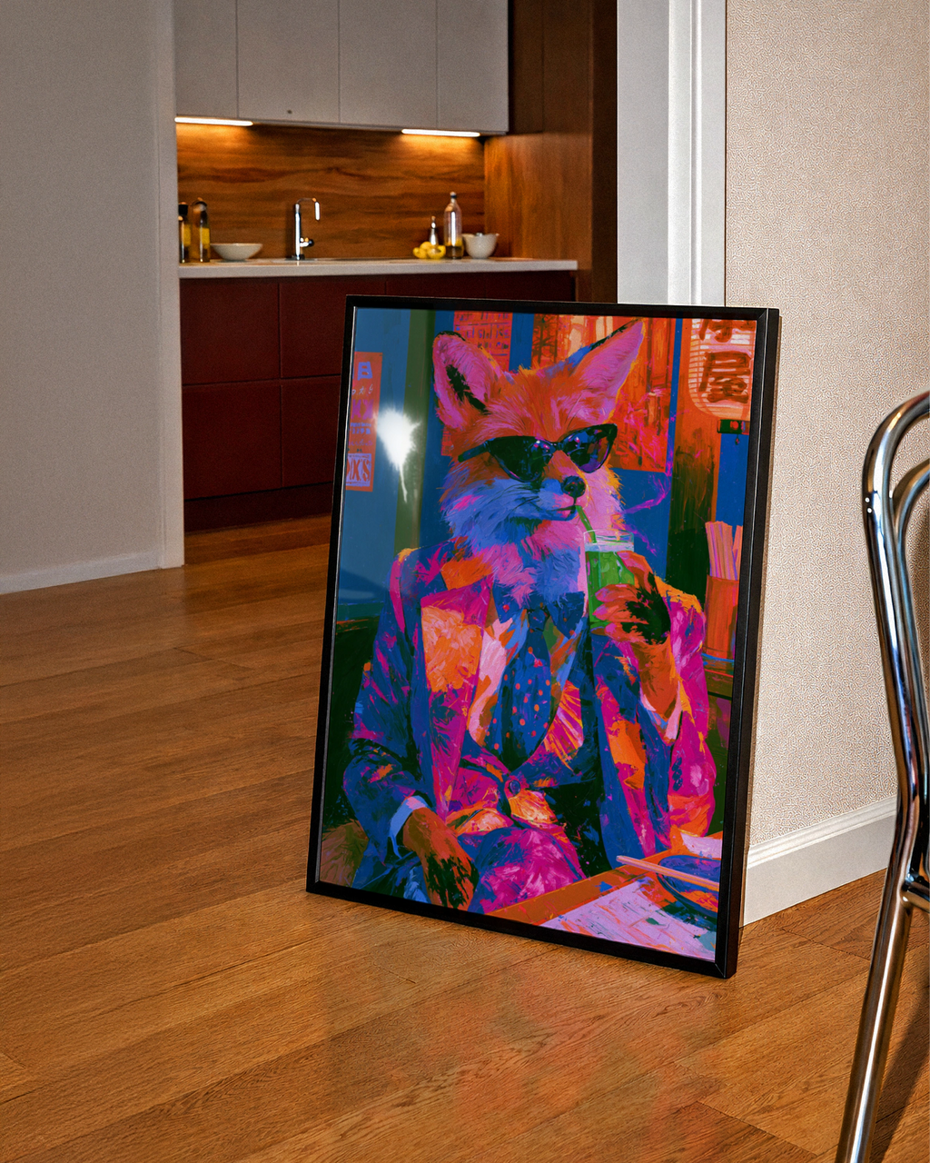 Cool Fox in Japanese Bar Poster, Neon Anthropomorphic Art Print, Bold Colours