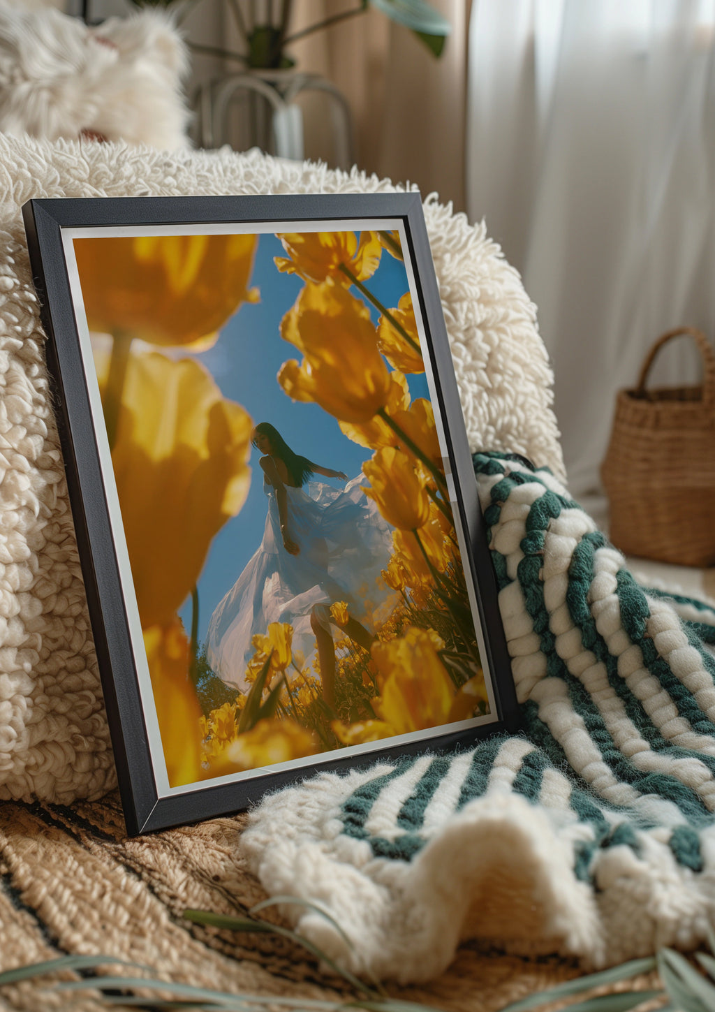 Woman in Yellow Tulip Field Poster, White Dress Floral Wall Art, Spring
