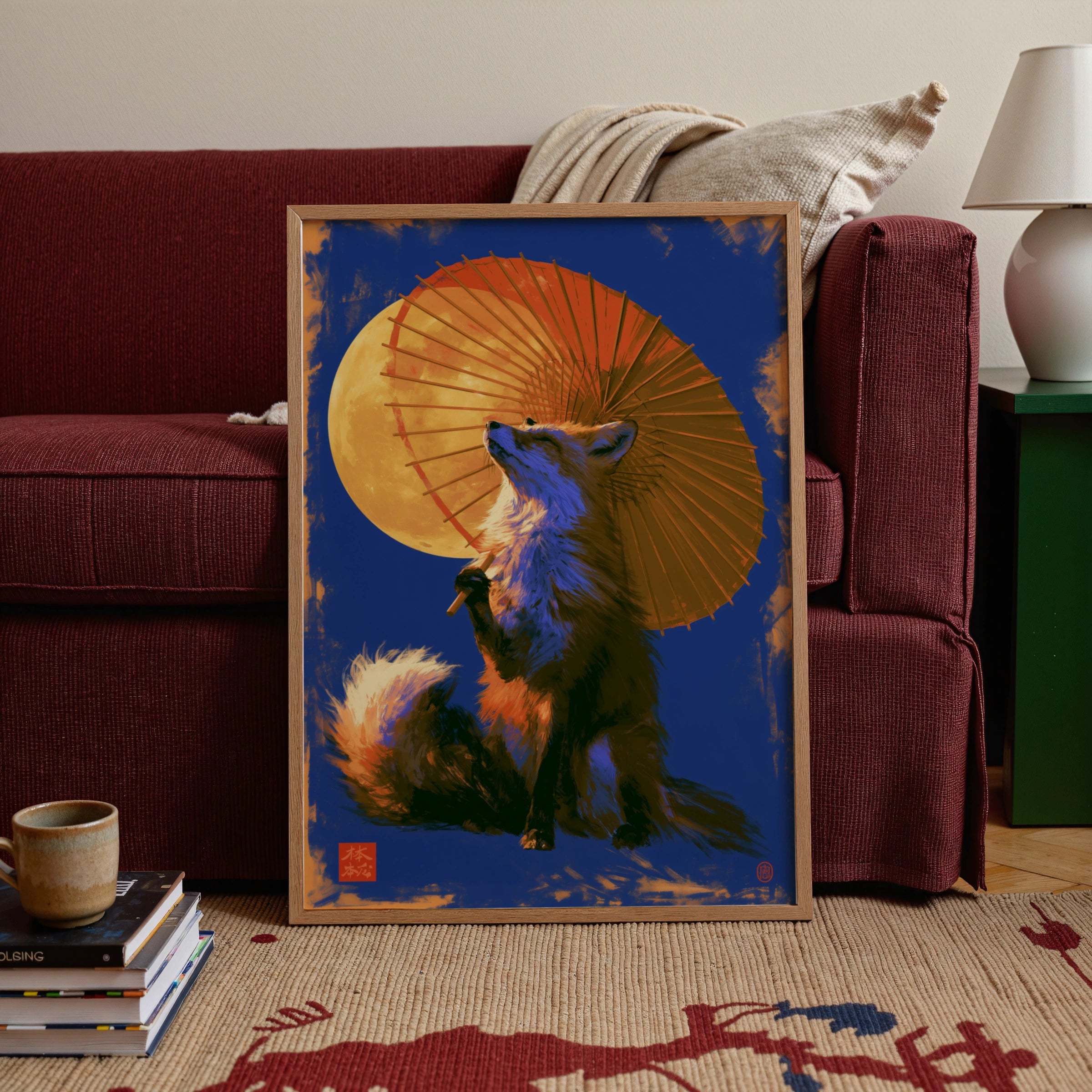 Japanese Fox Umbrella Moon Poster, Kitsune Art Print, Bold Blue Orange