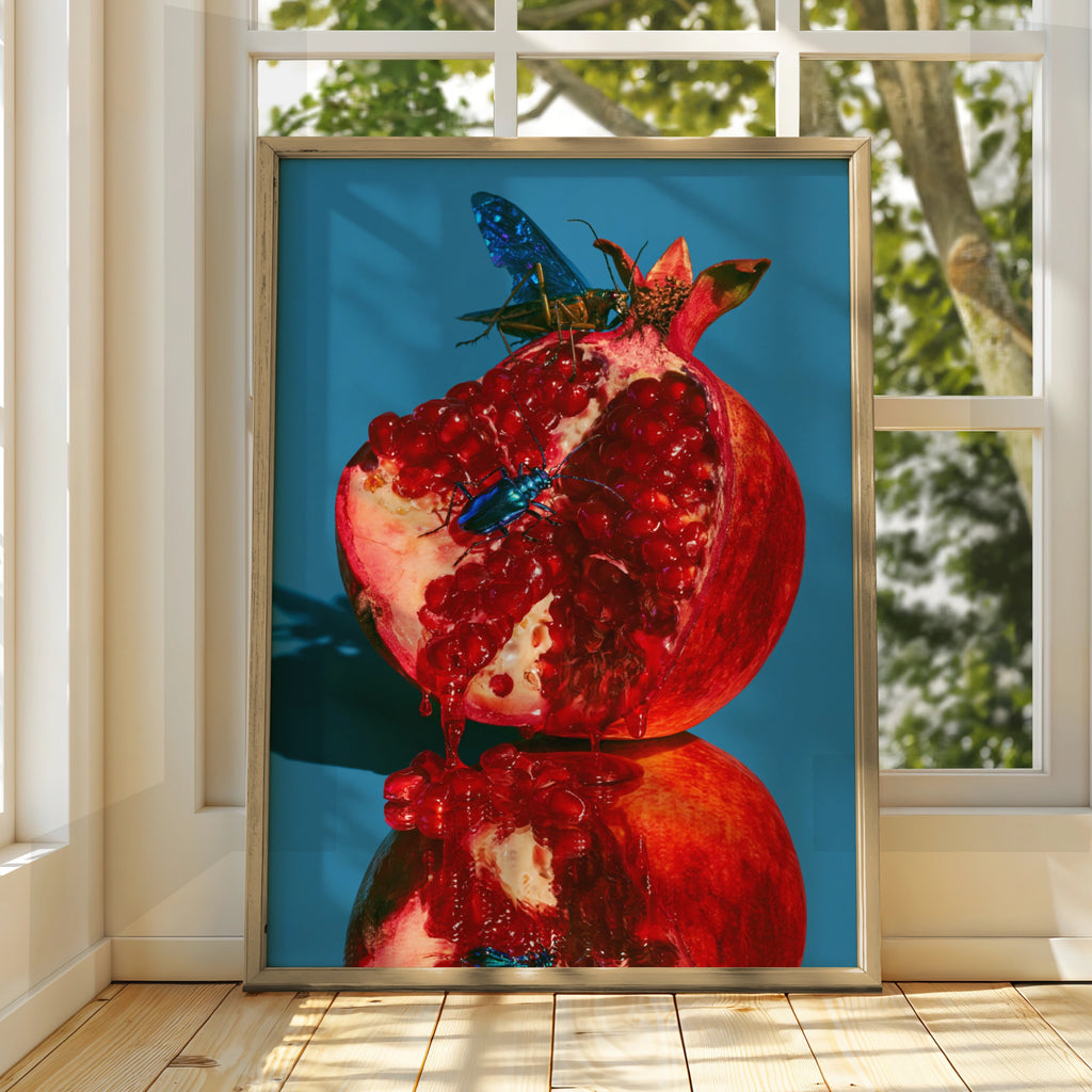 Pomegranate Beetles Wall Art Poster, Bold Red Blue Nature Print
