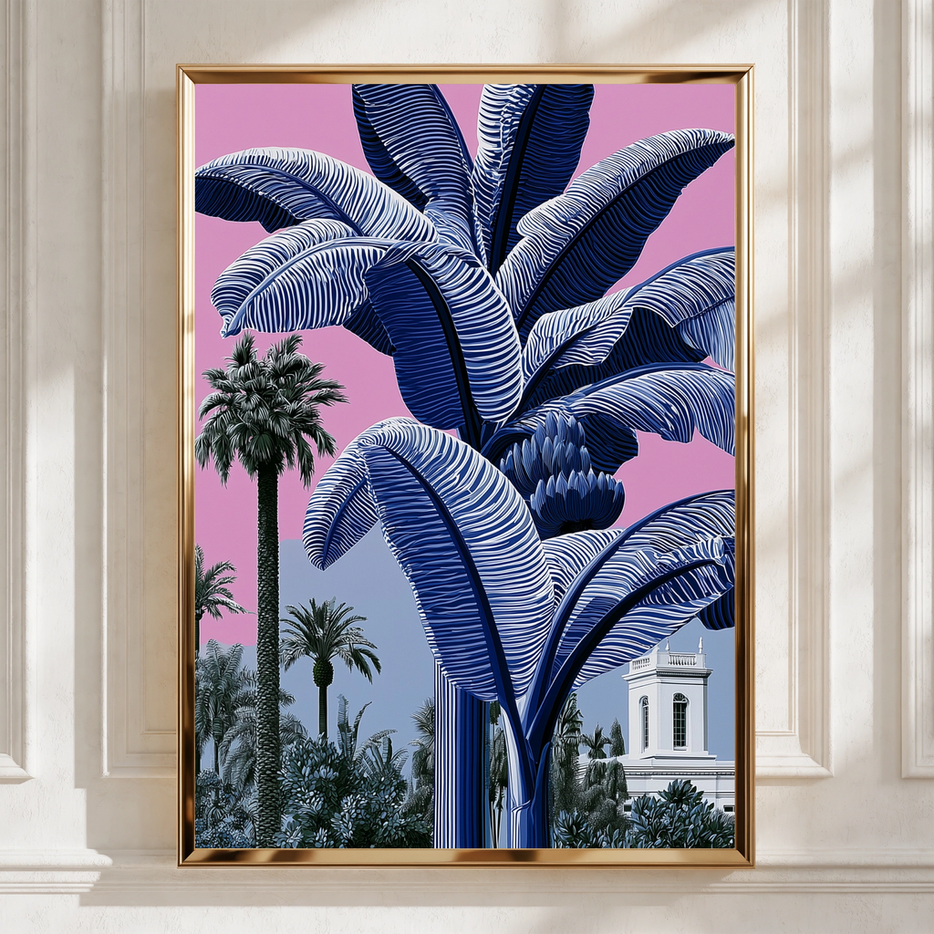 Blue Banana Tree Poster, Tropical Palm Pink Sky, Bold Botanical Wall Art