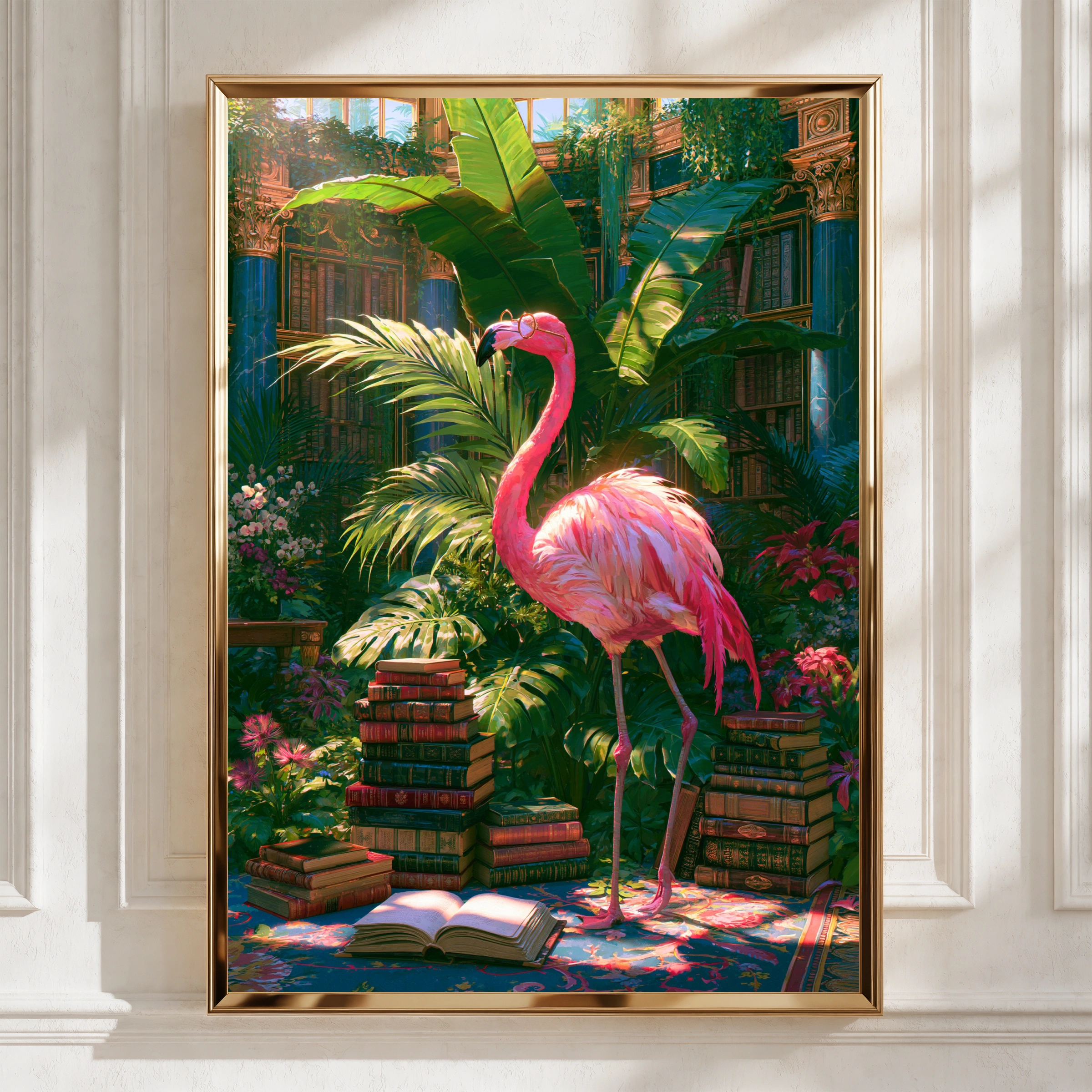 Flamingo Library Poster, Tropical Books Wall Art, Whimsical Botanical Print