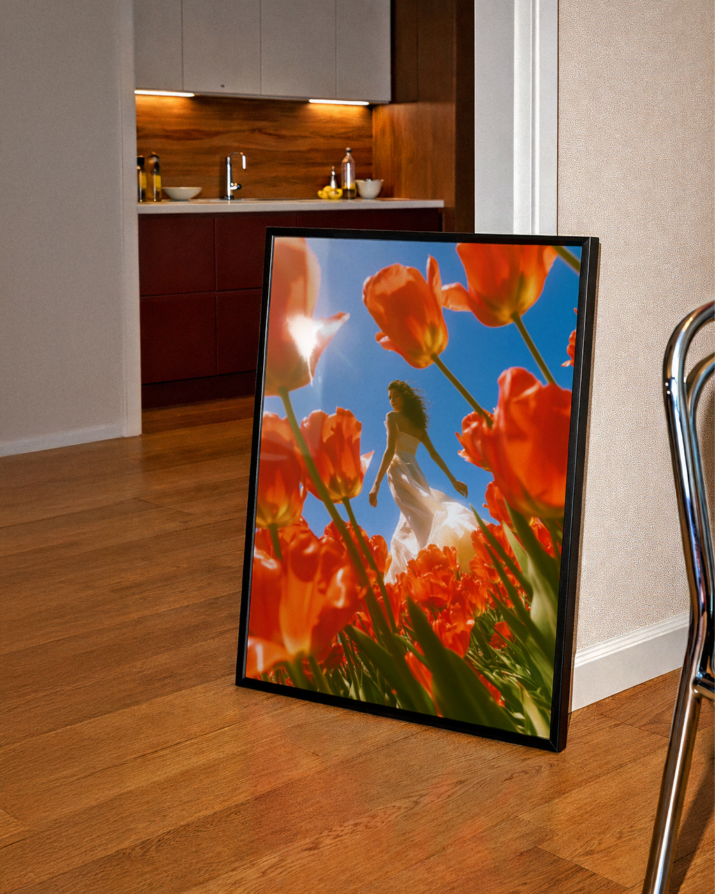 Woman in Tulip Field Poster, Red Flowers Blue Sky, Botanical Art Print
