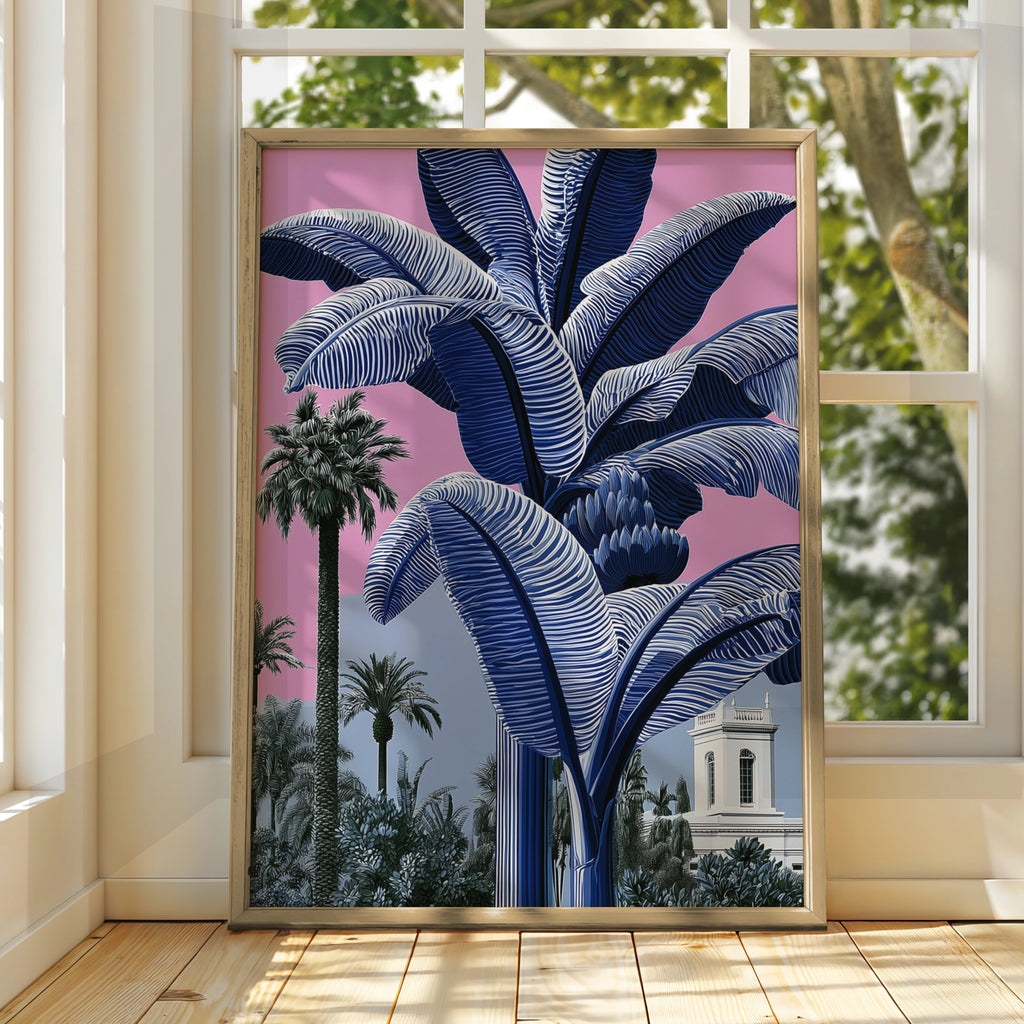 Blue Banana Tree Poster, Tropical Palm Pink Sky, Bold Botanical Wall Art