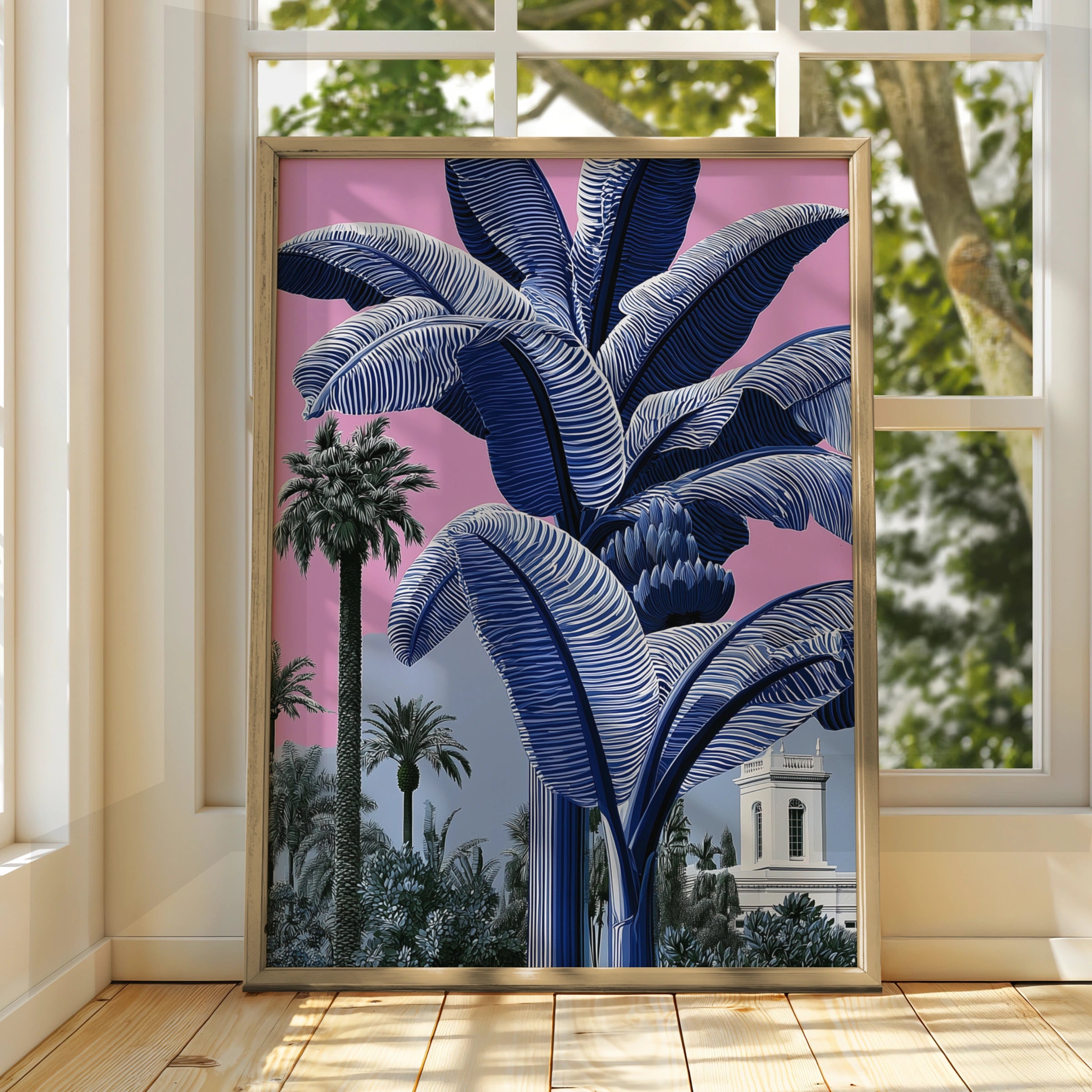 Blue Banana Tree Poster, Tropical Palm Pink Sky, Bold Botanical Wall Art