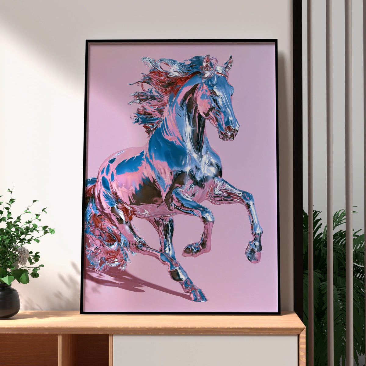 Chrome Horse Poster, Rearing Stallion Print, Pink Metallic Wall Art