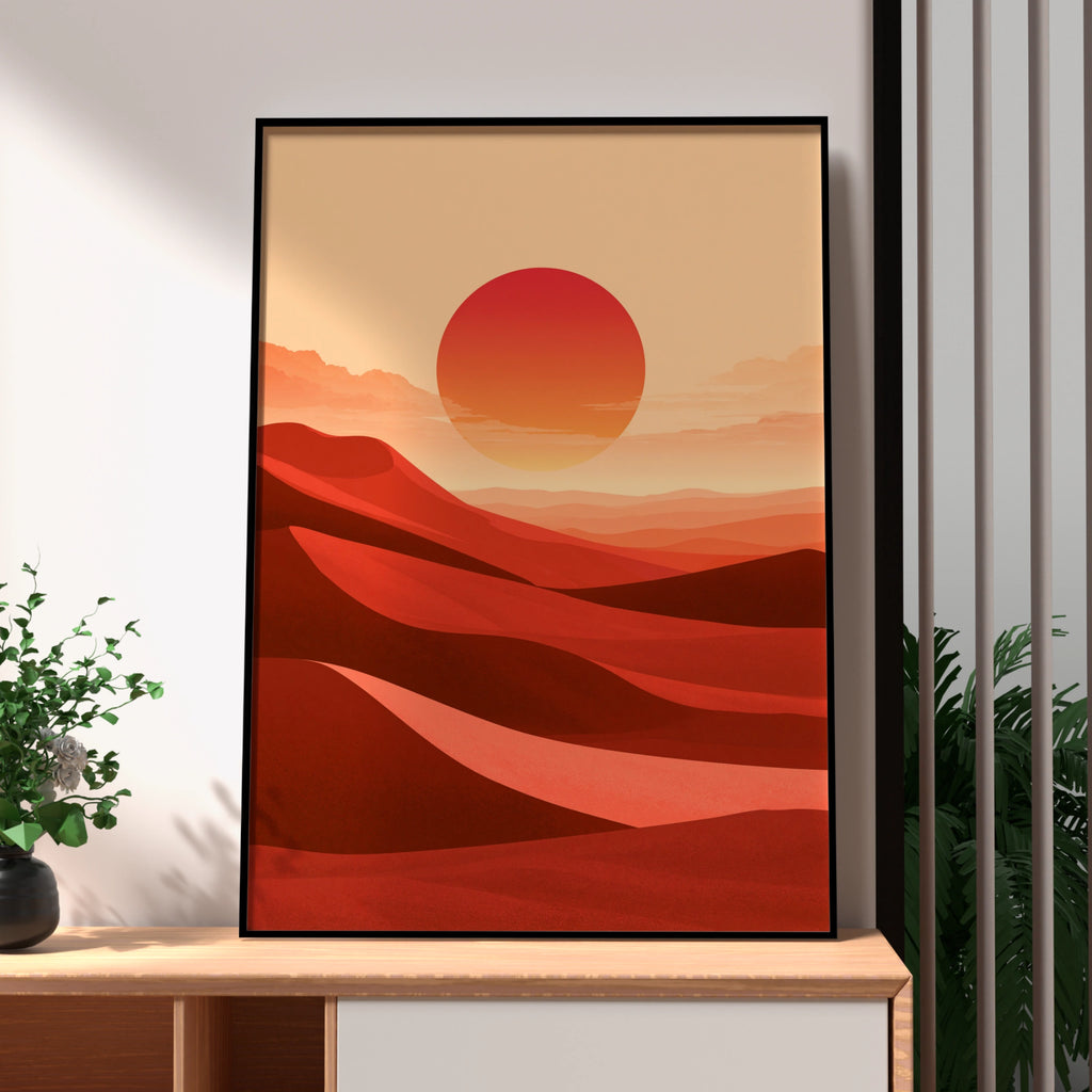 Desert Sun Minimalist Poster, Red Sand Dunes Wall Art, Boho Print