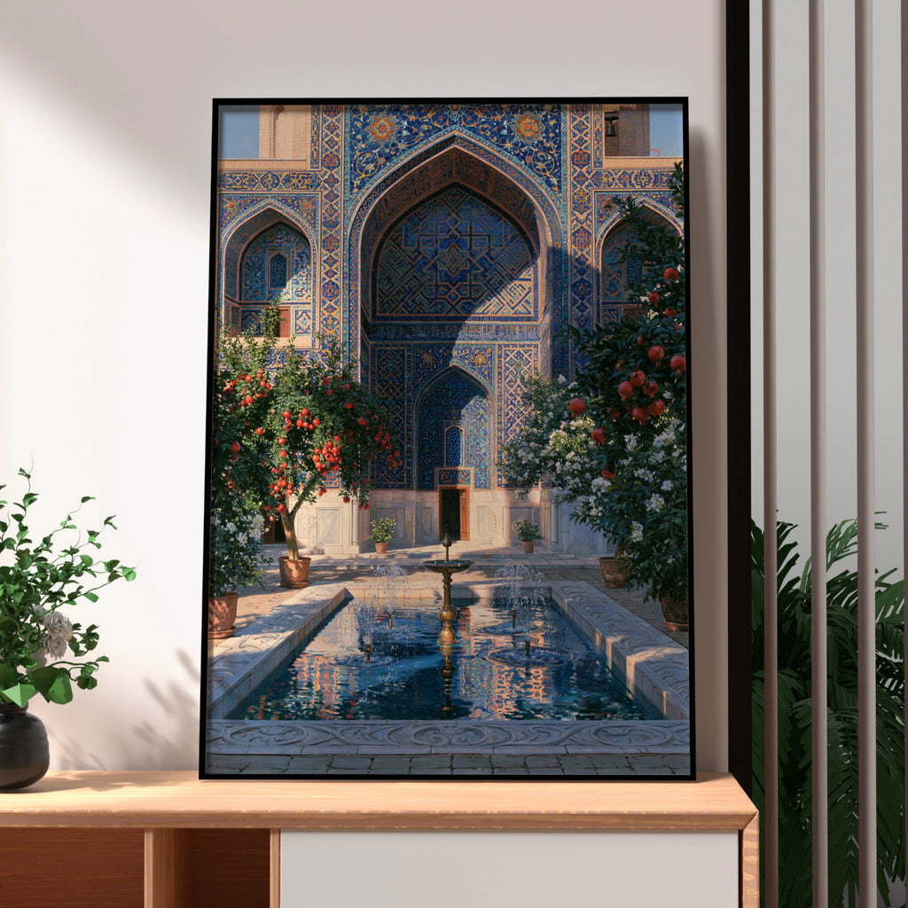 Uzbekistan Courtyard Poster, Islamic Architecture, Blue Tile Wall Art