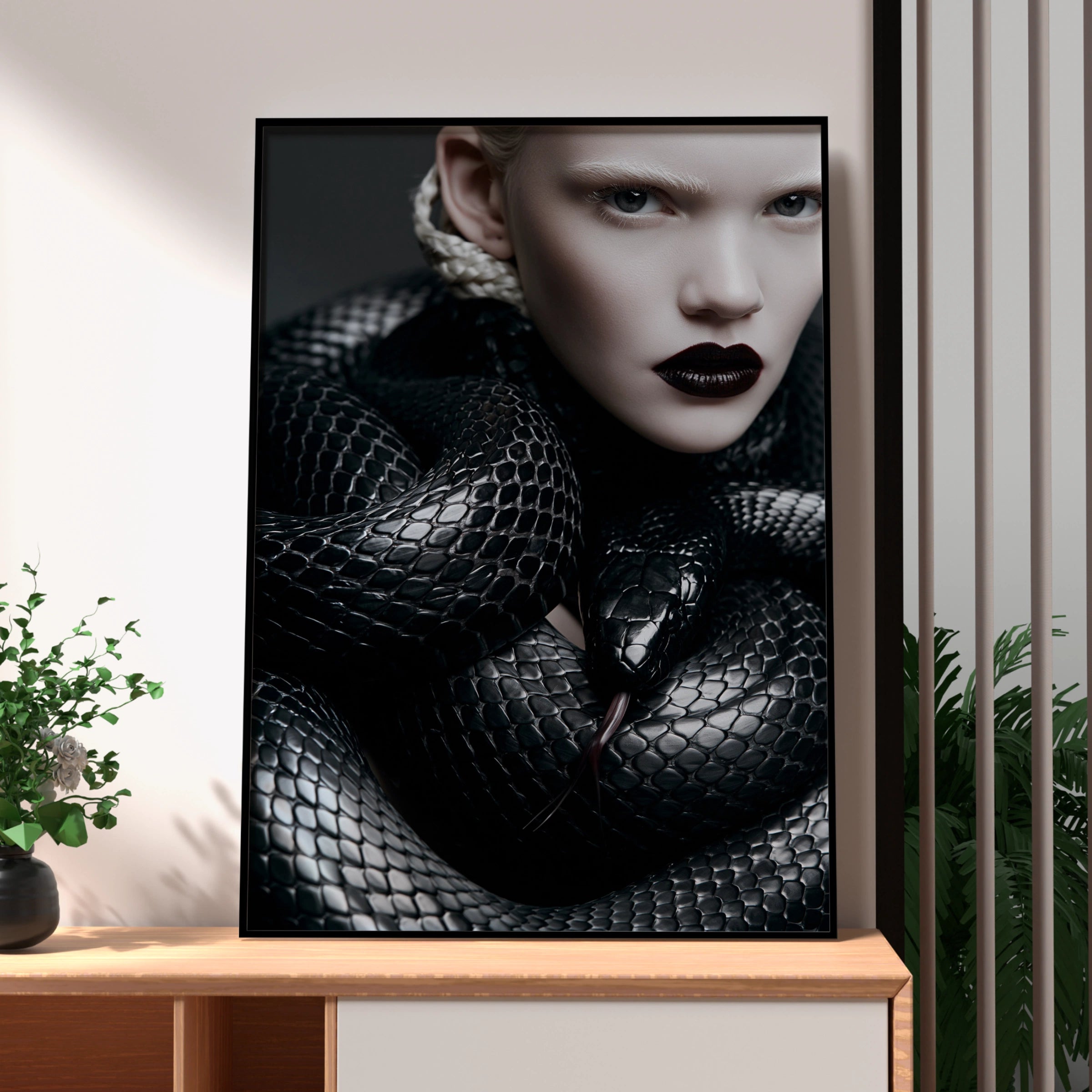Black Snake Model Portrait Poster, Dark Gothic Fashion Wall Art Print