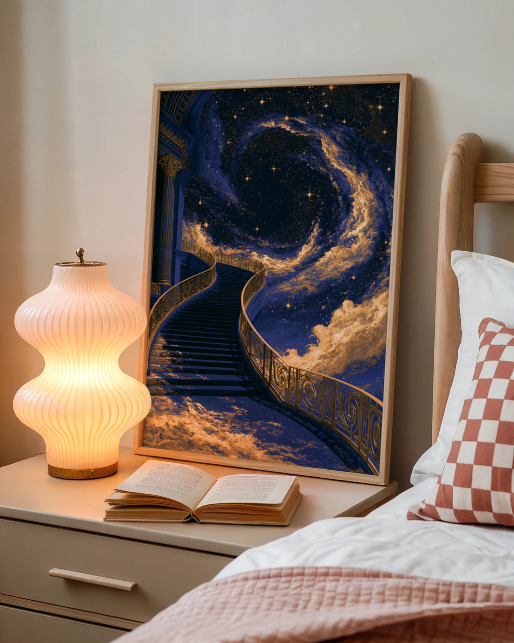 Stairway to Heaven Poster, Celestial Galaxy Art, Navy Blue Gold Print