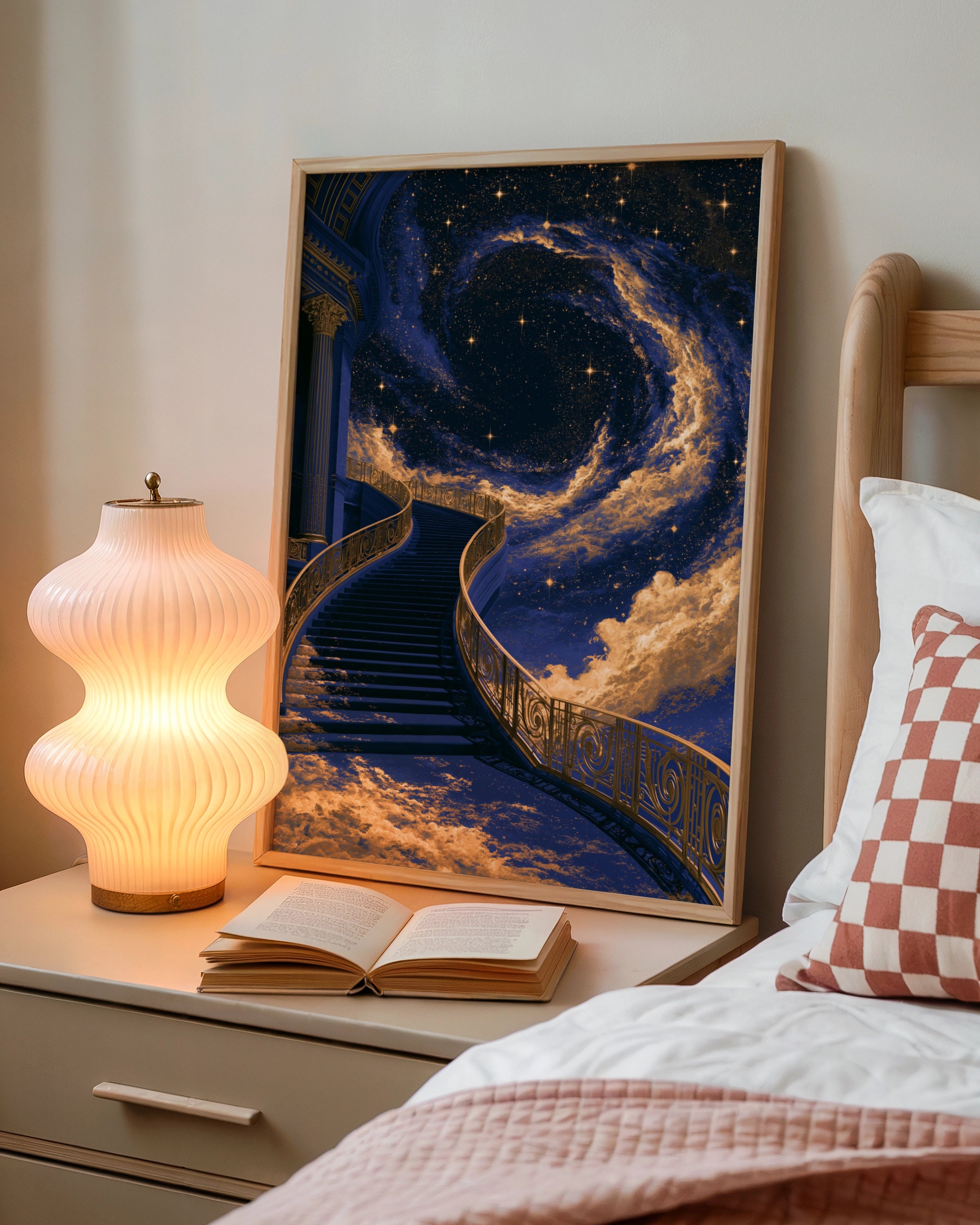 Stairway to Heaven Poster, Celestial Galaxy Art, Navy Blue Gold Print