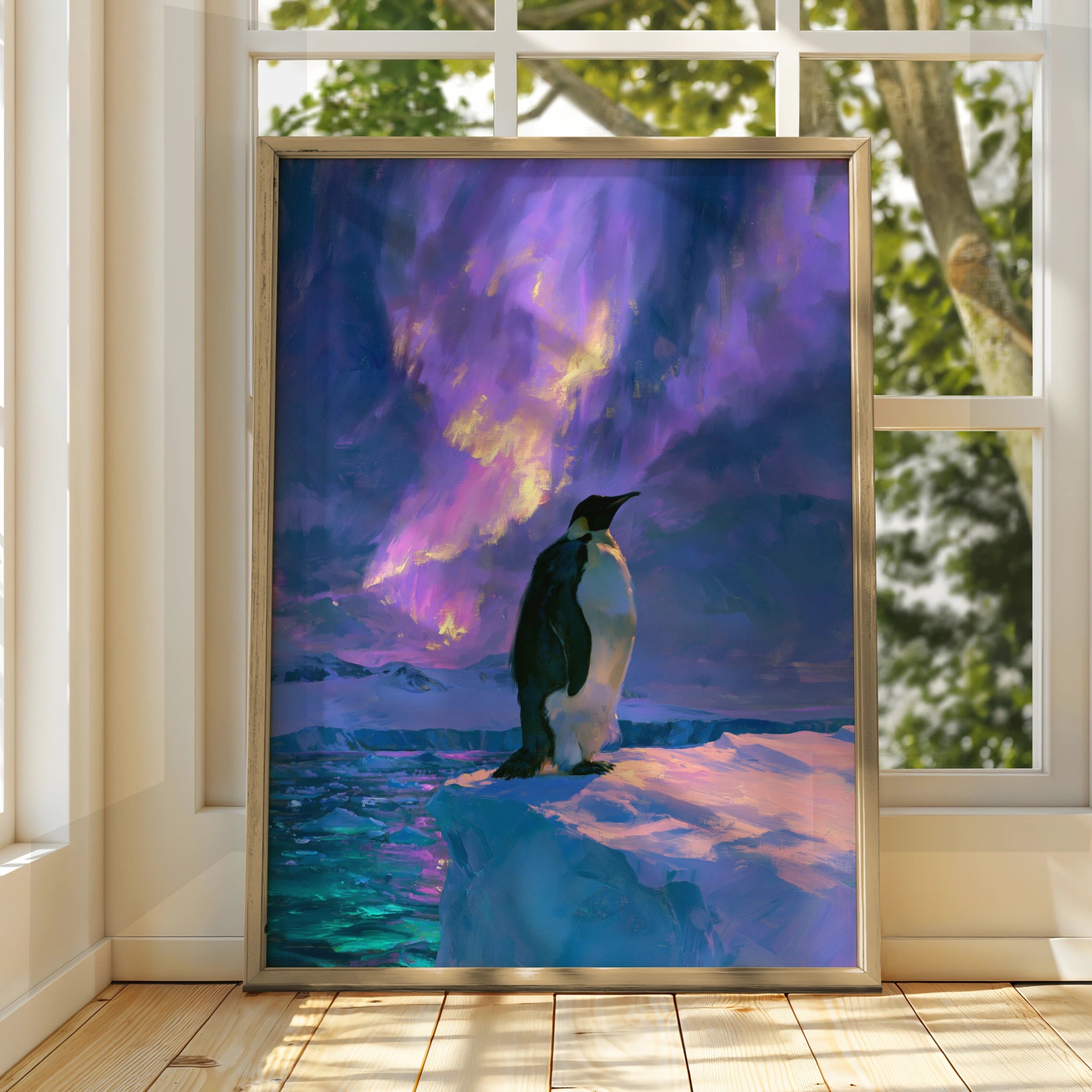 Penguin Aurora Borealis Poster, Antarctic Wildlife Art, Purple Northern Lights Print
