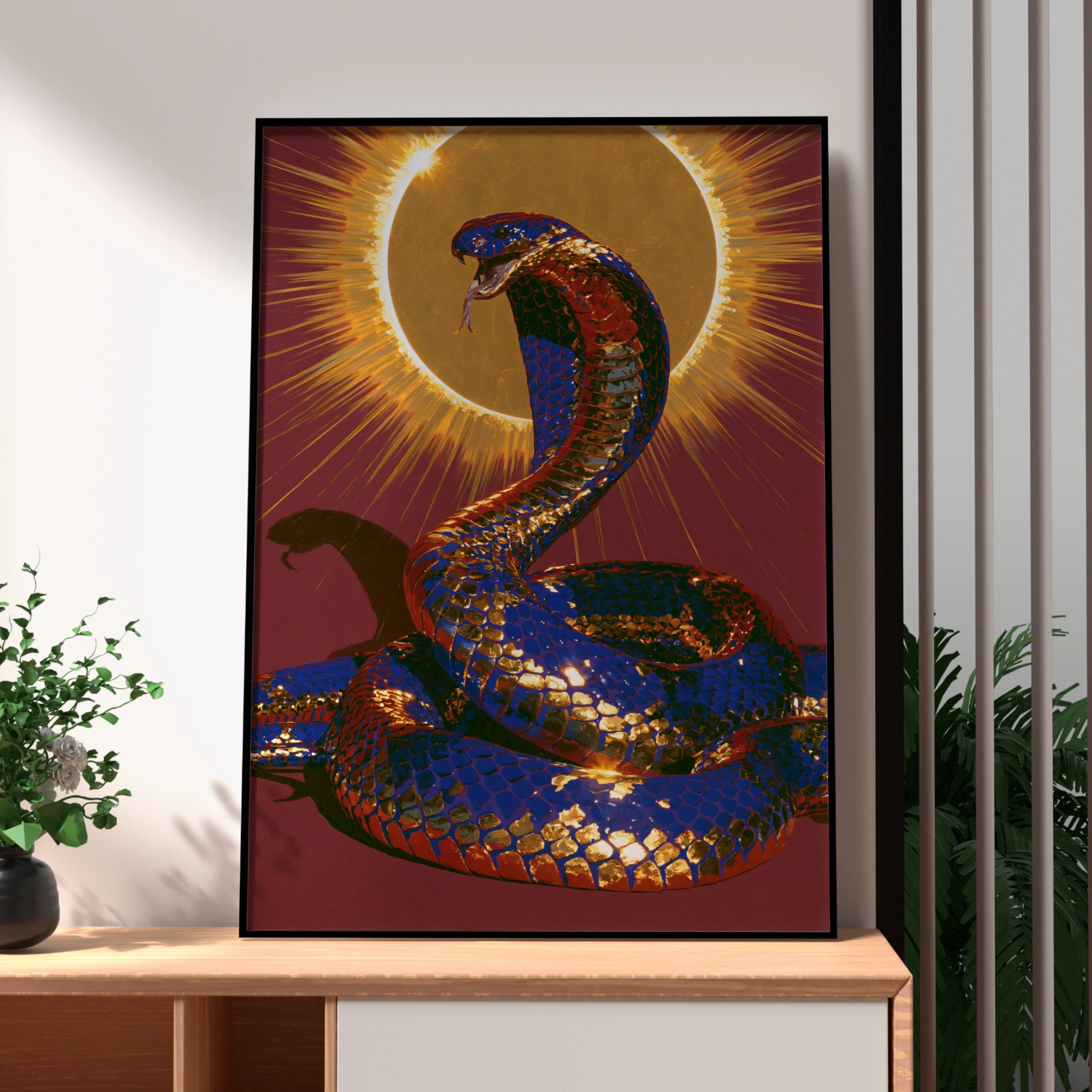 Cobra Snake Sun Poster, Crimson Blue Gold Wall Art, Mythic Serpent Print