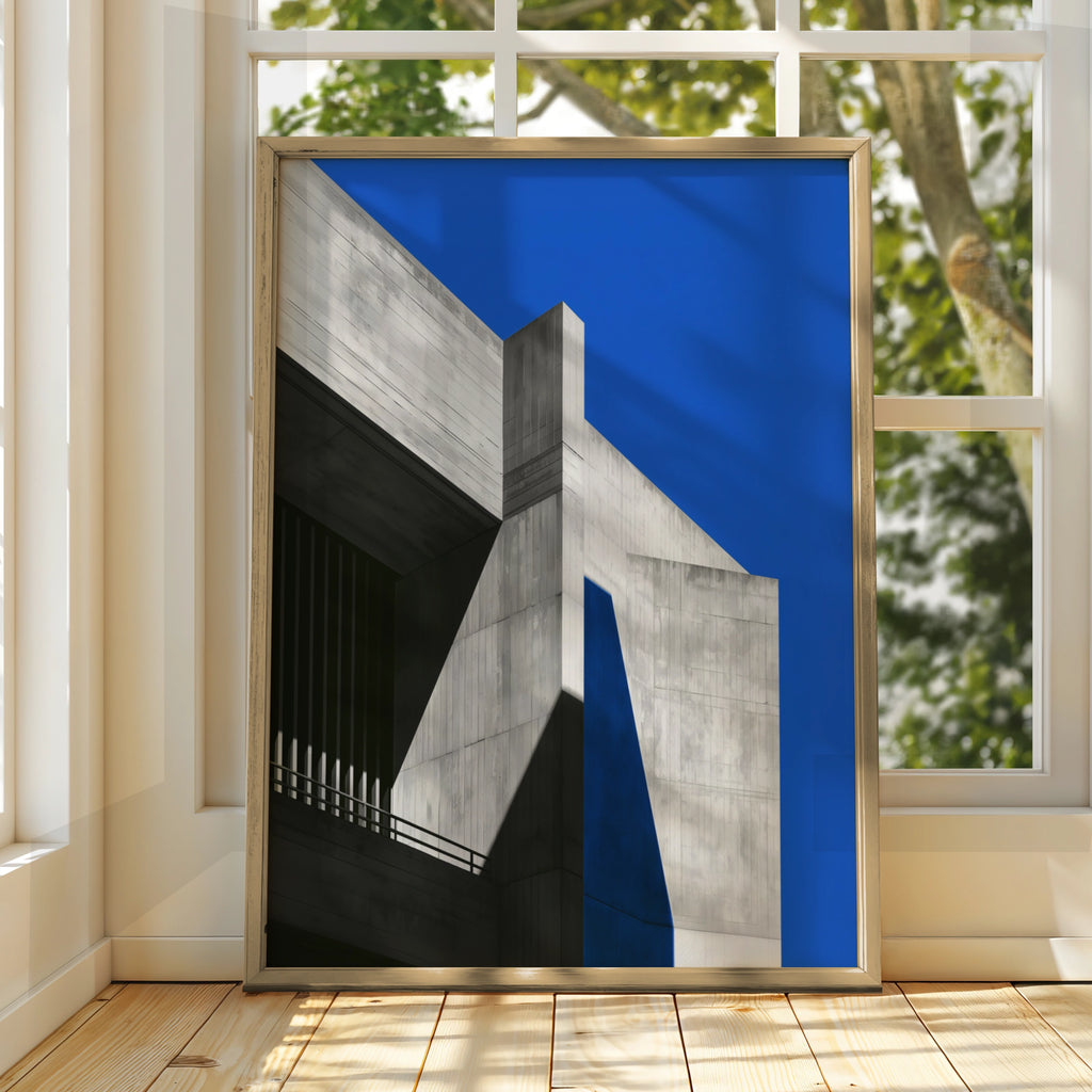 Brutalist Concrete Architecture Poster, Bold Blue Sky, Minimalist Wall Art