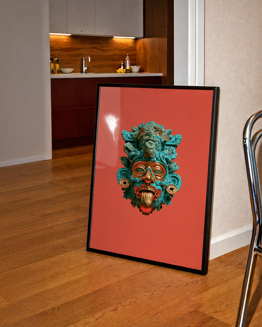 Aztec Mask Poster, Turquoise Red Gold Deity Art, Mesoamerican Wall Print