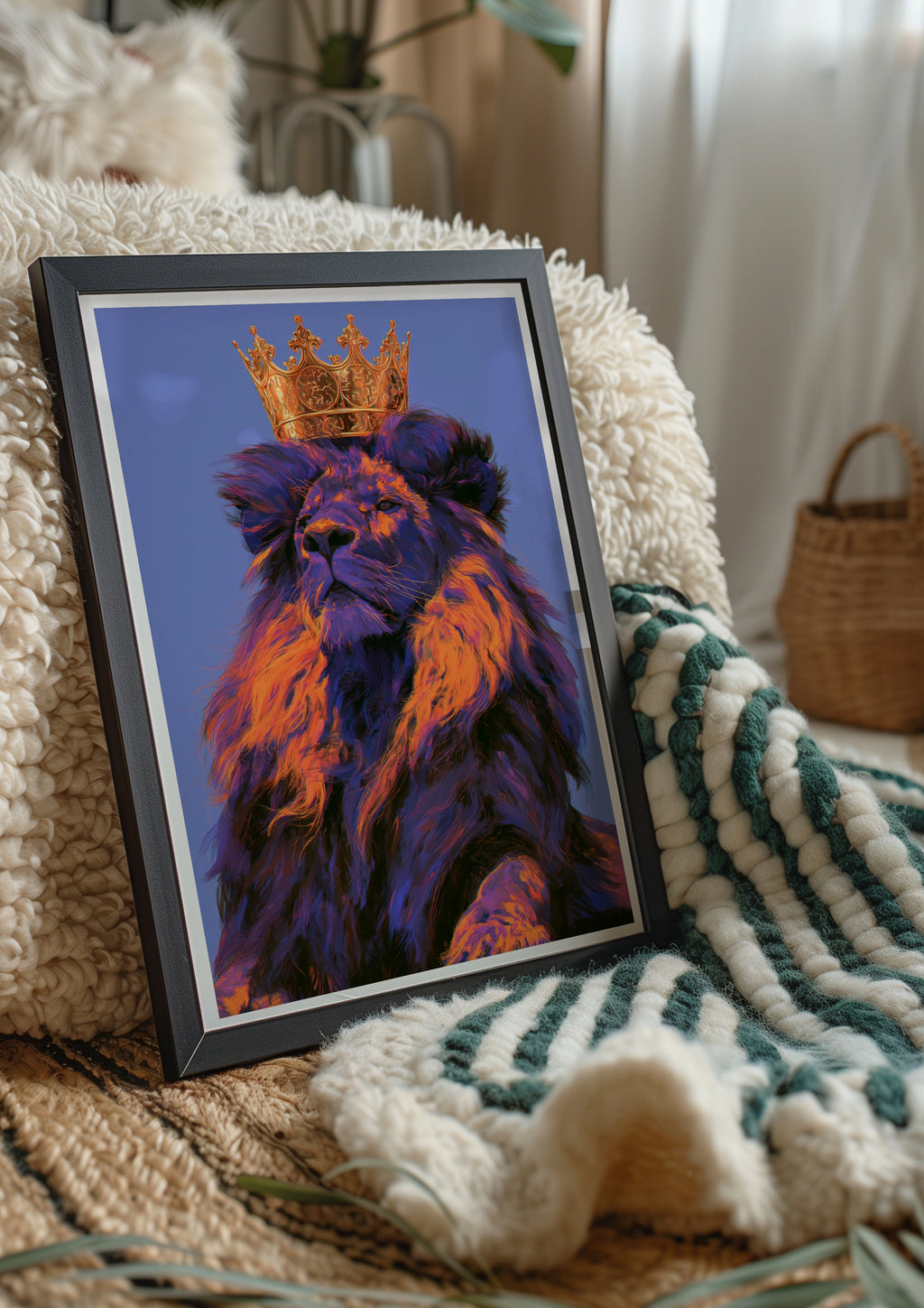 Lion Crown Purple Wall Art Poster, King of the Jungle, Bold Colourful Print
