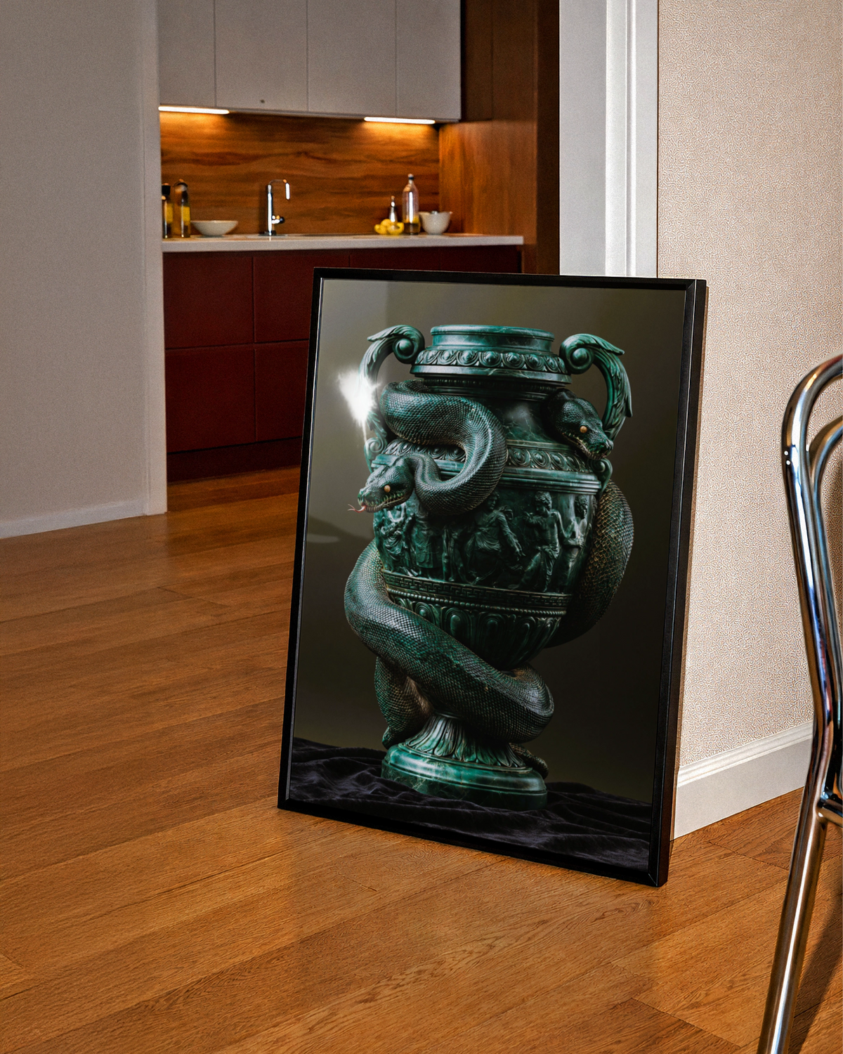 Snake Vase Green Marble Poster, Classical Urn Art Print, Dark Maximalist