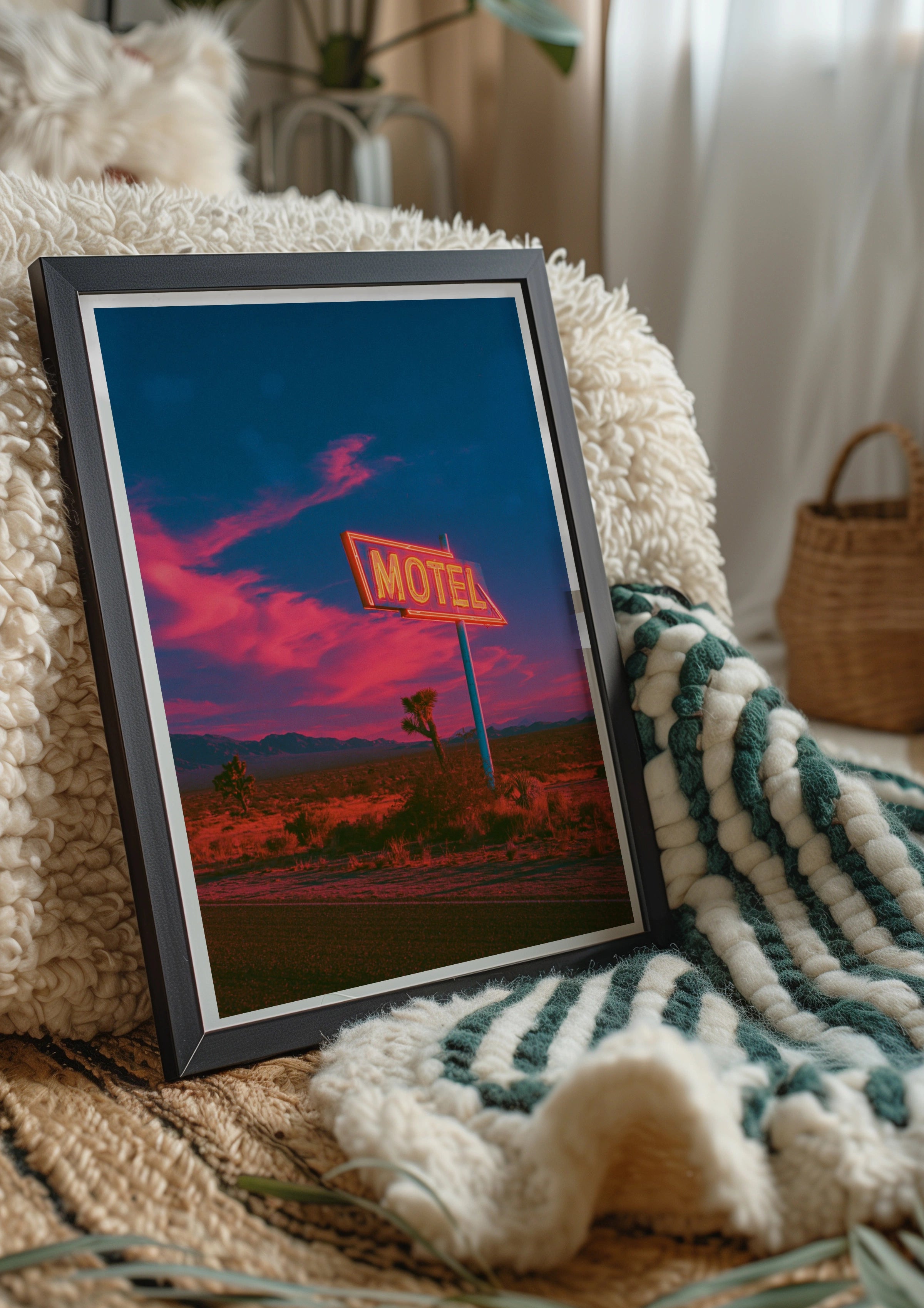 Neon Motel Sign Desert Sunset Poster, Retro Americana Wall Art, Route 66
