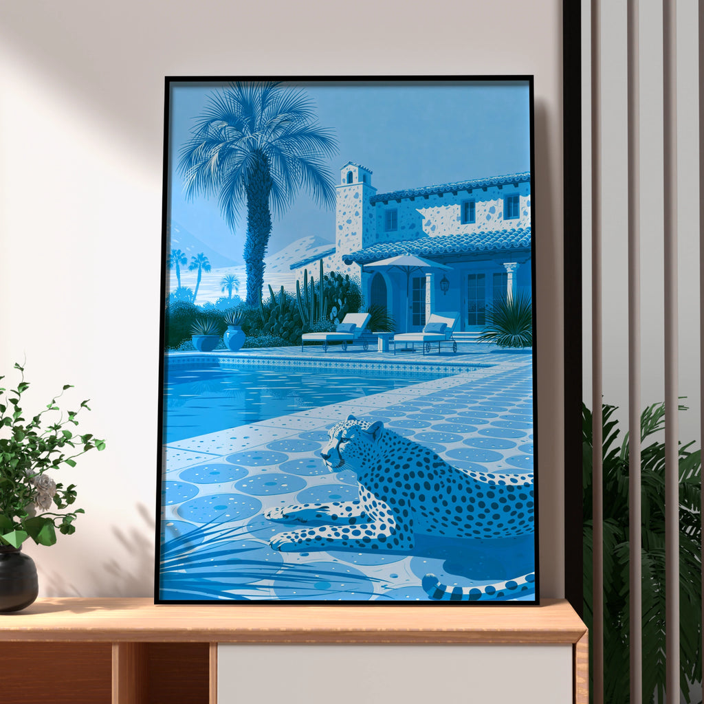 Cheetah by Pool Poster, Blue Monochrome Villa Print, Luxury Wildlife Art