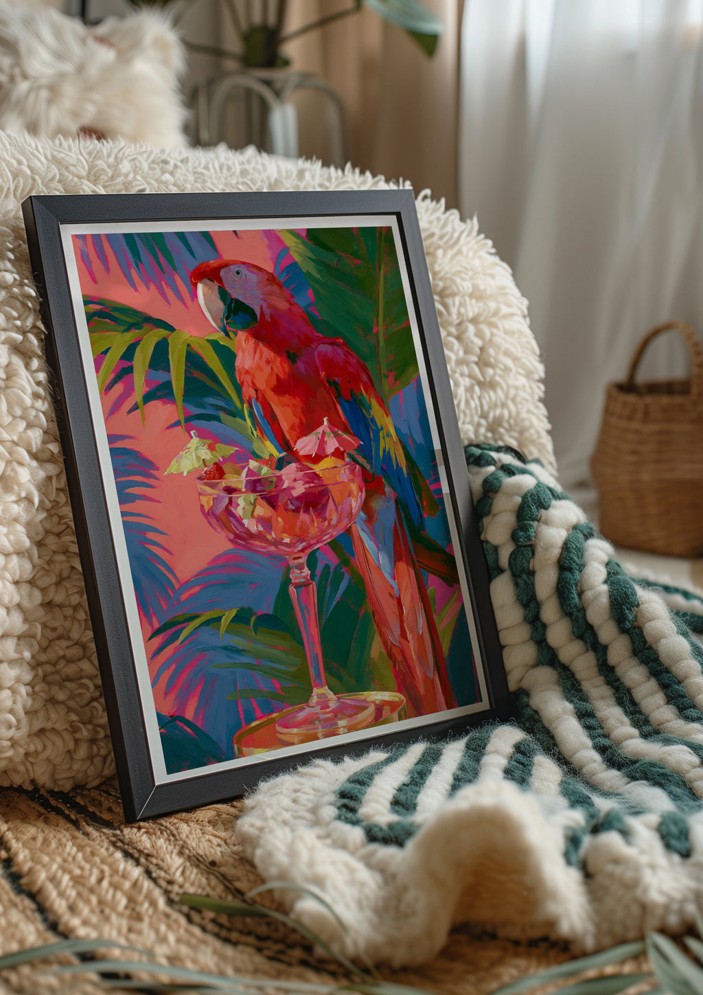 Tropical Parrot Cocktail Wall Art Poster, Colourful Macaw Print